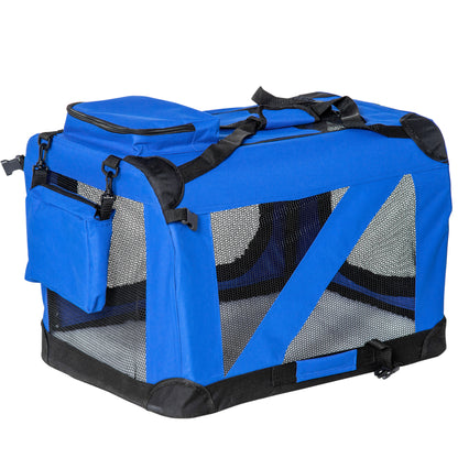 PawHut Foldable Pet Carrier for Small and Miniature Dogs, Portable Cat Carrier Soft Side Pet Travel Crate with Removable Mat, Storage Bags, Breathable Mesh Window 60 x 42 x 42cm - Blue