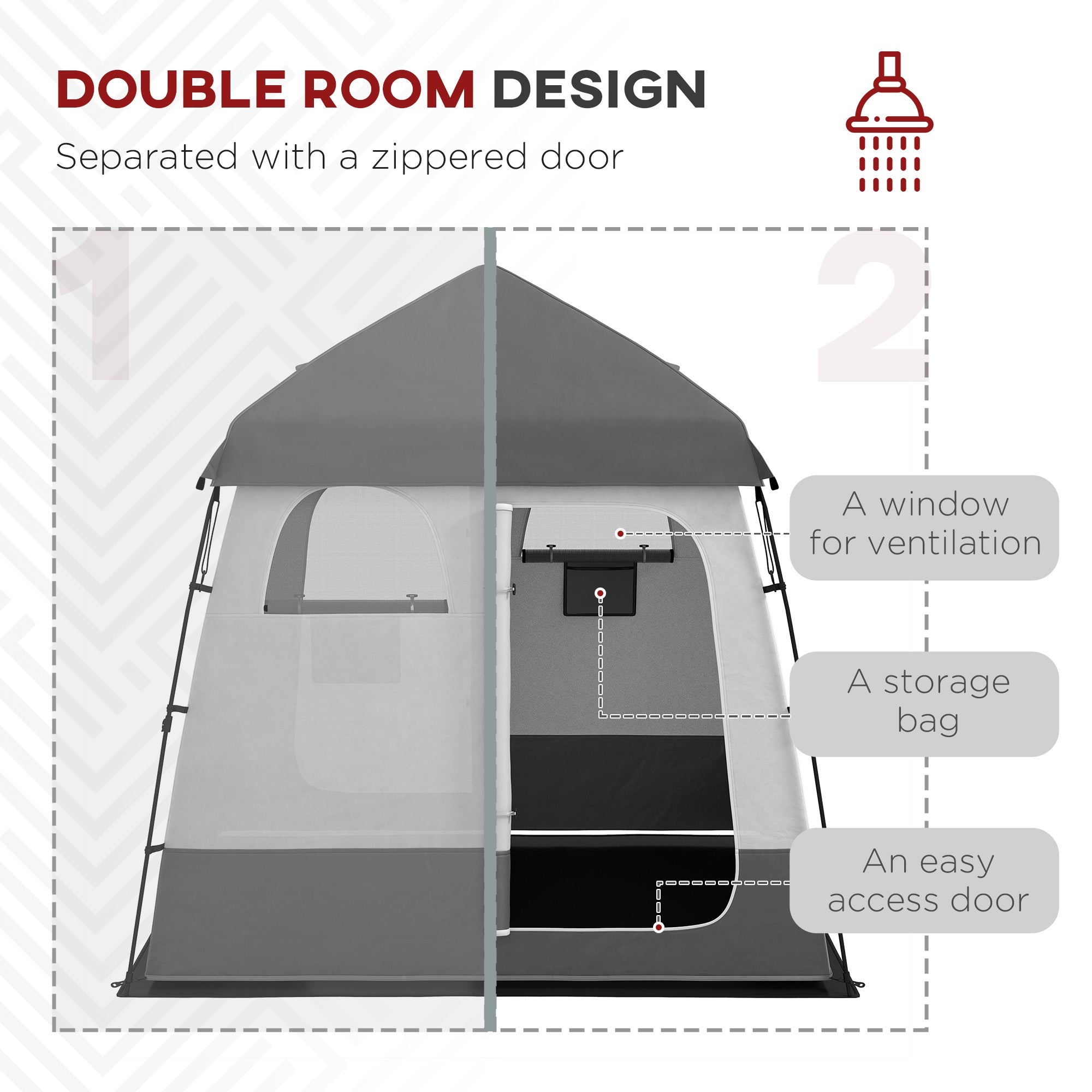 Outsunny Pop Up Shower Tent for Camping with 2 Rooms, Outdoor Portable Changing Tent Privacy Enclosure with Shower Bag, Hook, Floor and Carrying Bag, Dark Grey