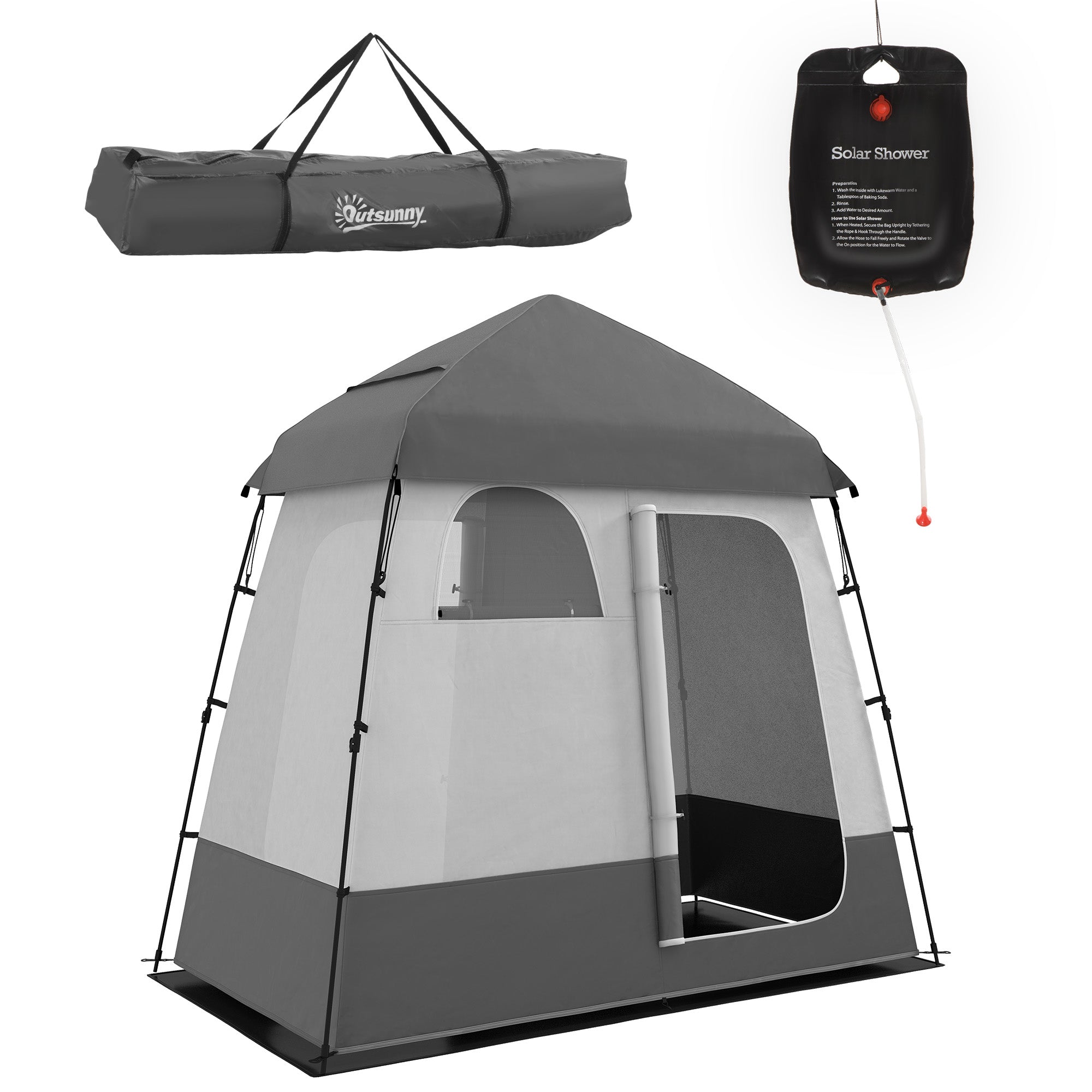 Outsunny Pop Up Shower Tent for Camping with 2 Rooms, Outdoor Portable Changing Tent Privacy Enclosure with Shower Bag, Hook, Floor and Carrying Bag, Dark Grey
