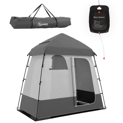 Outsunny Pop Up Shower Tent for Camping with 2 Rooms, Outdoor Portable Changing Tent Privacy Enclosure with Shower Bag, Hook, Floor and Carrying Bag, Dark Grey