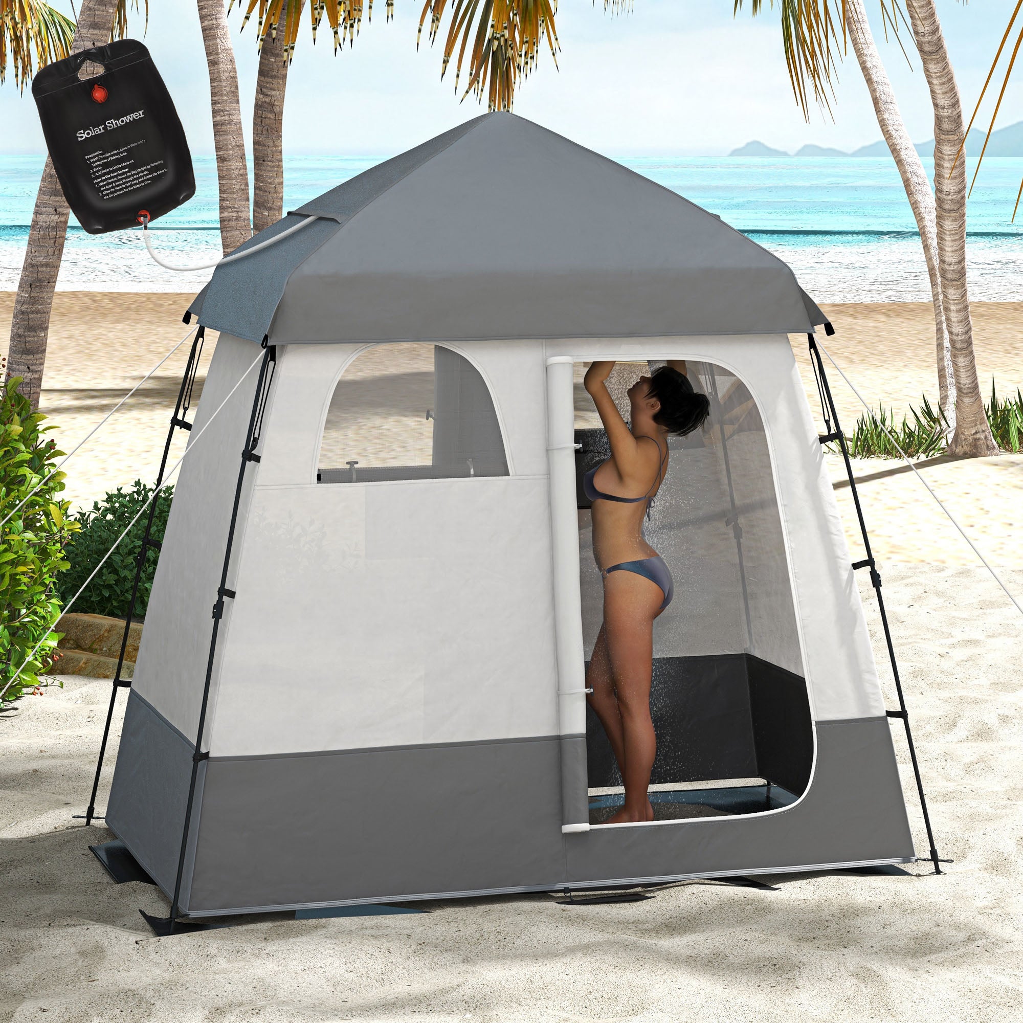 Outsunny Pop Up Shower Tent for Camping with 2 Rooms, Outdoor Portable Changing Tent Privacy Enclosure with Shower Bag, Hook, Floor and Carrying Bag, Dark Grey