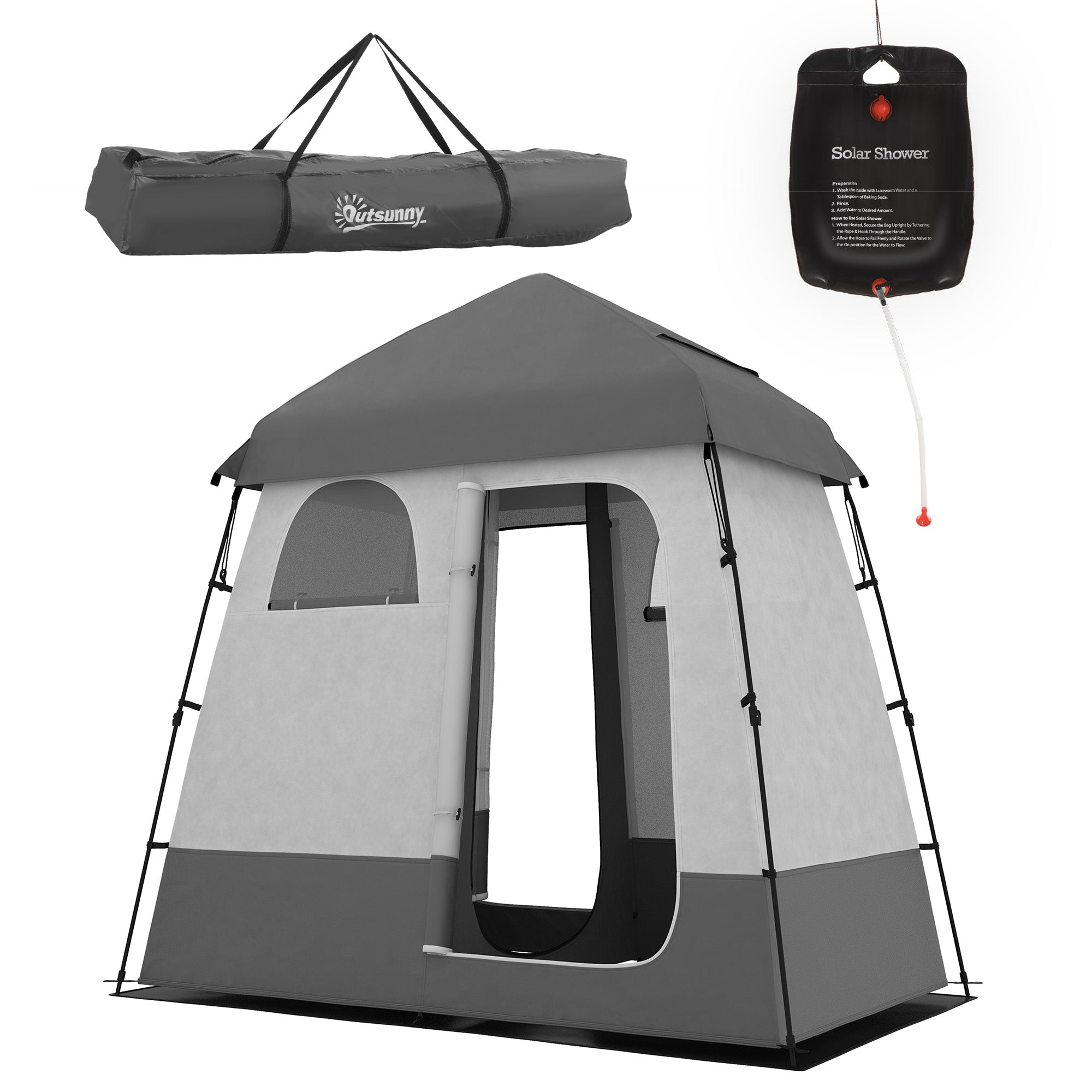 Outsunny Pop Up Shower Tent for Camping with 2 Rooms, Outdoor Portable Changing Tent Privacy Enclosure with Shower Bag, Hook, Floor and Carrying Bag, Dark Grey