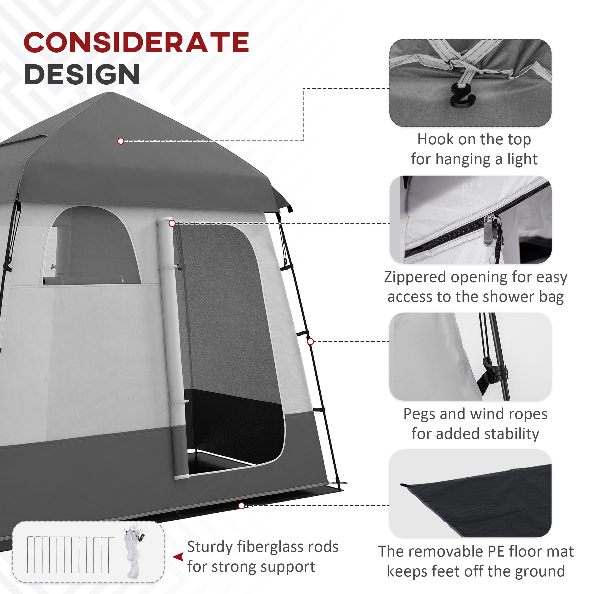 Outsunny Pop Up Shower Tent for Camping with 2 Rooms, Outdoor Portable Changing Tent Privacy Enclosure with Shower Bag, Hook, Floor and Carrying Bag, Dark Grey