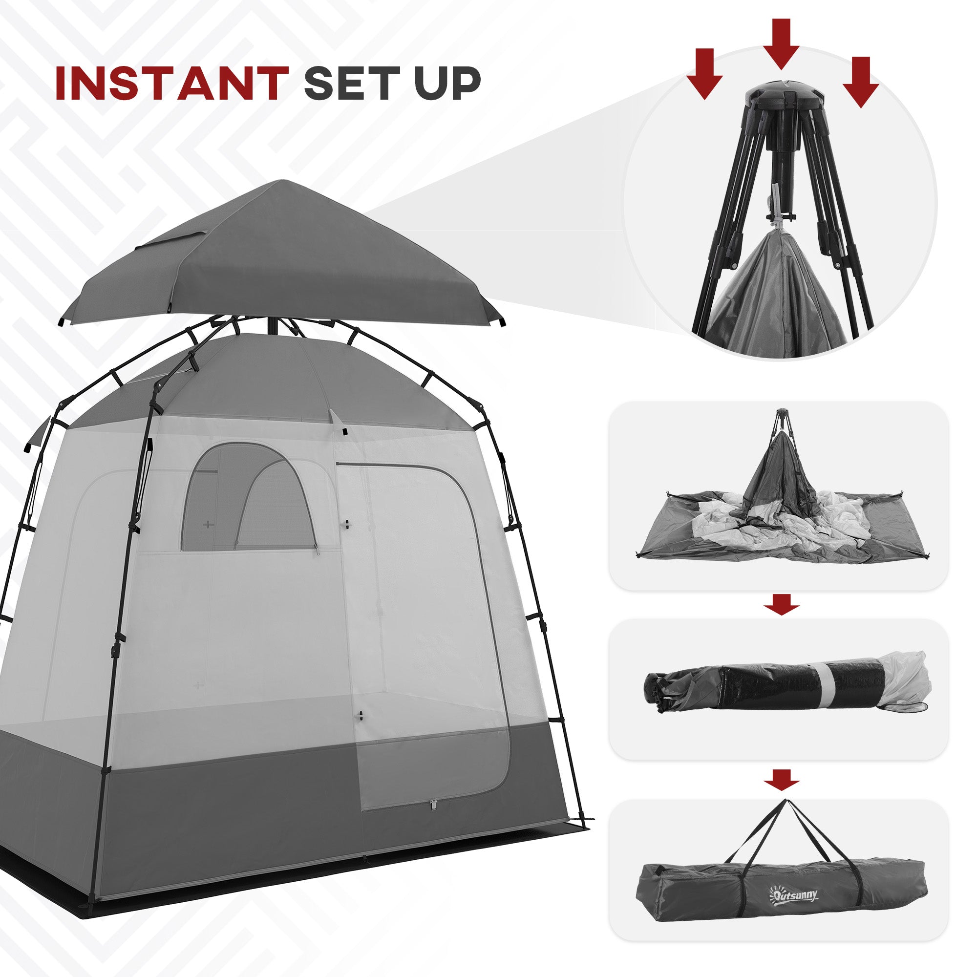 Outsunny Pop Up Shower Tent for Camping with 2 Rooms, Outdoor Portable Changing Tent Privacy Enclosure with Shower Bag, Hook, Floor and Carrying Bag, Dark Grey