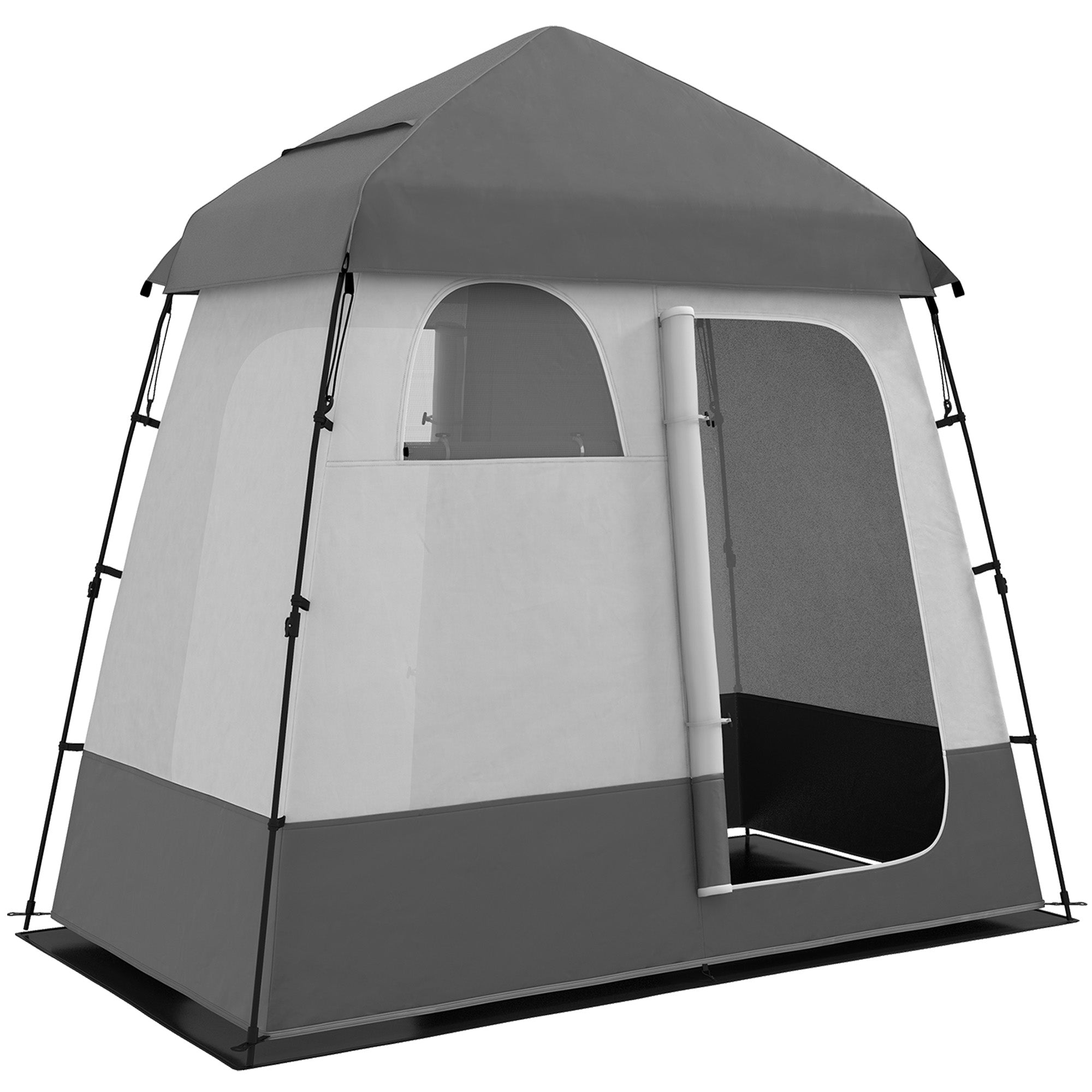 Outsunny Pop Up Shower Tent for Camping with 2 Rooms, Outdoor Portable Changing Tent Privacy Enclosure with Shower Bag, Hook, Floor and Carrying Bag, Dark Grey