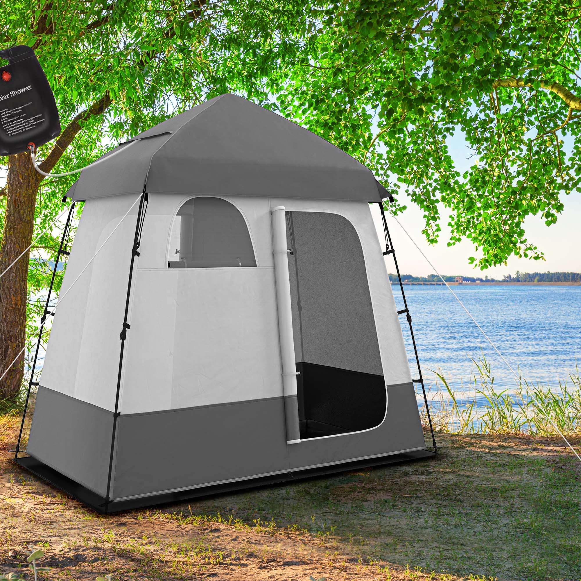 Outsunny Pop Up Shower Tent for Camping with 2 Rooms, Outdoor Portable Changing Tent Privacy Enclosure with Shower Bag, Hook, Floor and Carrying Bag, Dark Grey
