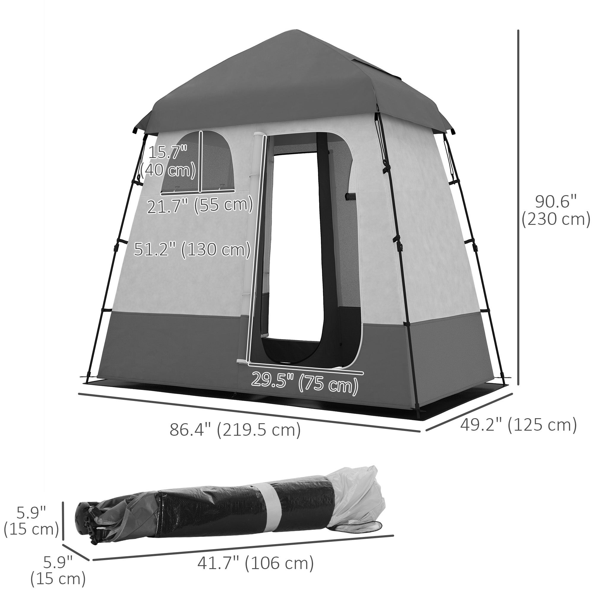Outsunny Pop Up Shower Tent for Camping with 2 Rooms, Outdoor Portable Changing Tent Privacy Enclosure with Shower Bag, Hook, Floor and Carrying Bag, Dark Grey