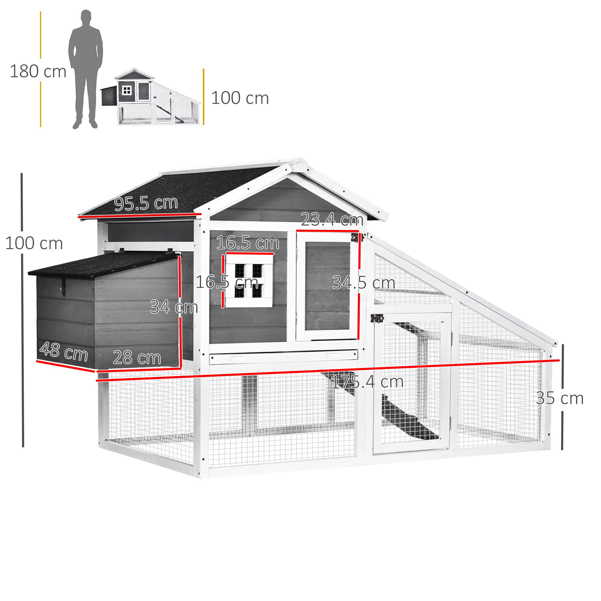 PawHut Chicken Coop with Run Backyard Wooden Hen House Poultry Coops Cages with Nesting Box Ramp Sliding Tray Outdoor Grey for 2-4 Chickens 175.4 x 95.5 x 100cm