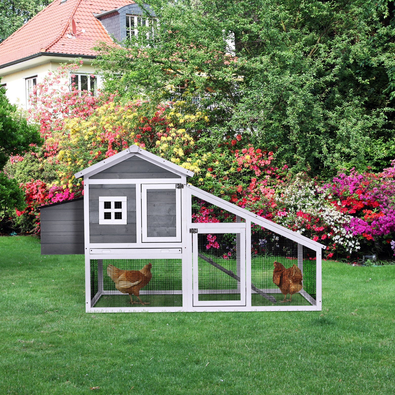PawHut Chicken Coop with Run Backyard Wooden Hen House Poultry Coops Cages with Nesting Box Ramp Sliding Tray Outdoor Grey for 2-4 Chickens 175.4 x 95.5 x 100cm