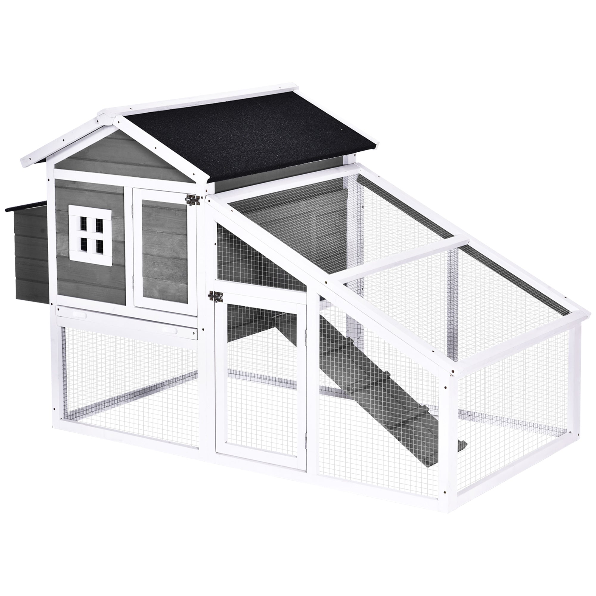 PawHut Chicken Coop with Run Backyard Wooden Hen House Poultry Coops Cages with Nesting Box Ramp Sliding Tray Outdoor Grey for 2-4 Chickens 175.4 x 95.5 x 100cm