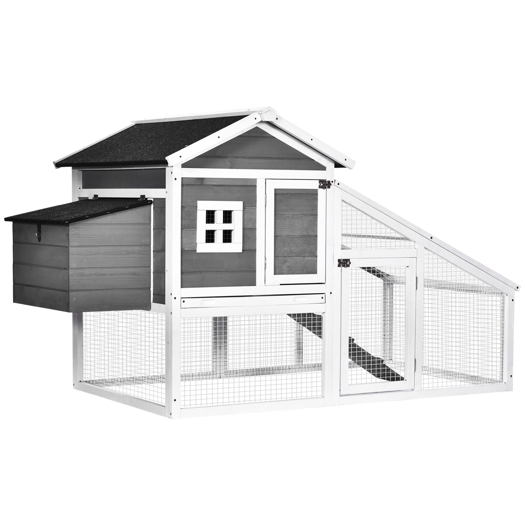 PawHut Chicken Coop with Run Backyard Wooden Hen House Poultry Coops Cages with Nesting Box Ramp Sliding Tray Outdoor Grey for 2-4 Chickens 175.4 x 95.5 x 100cm