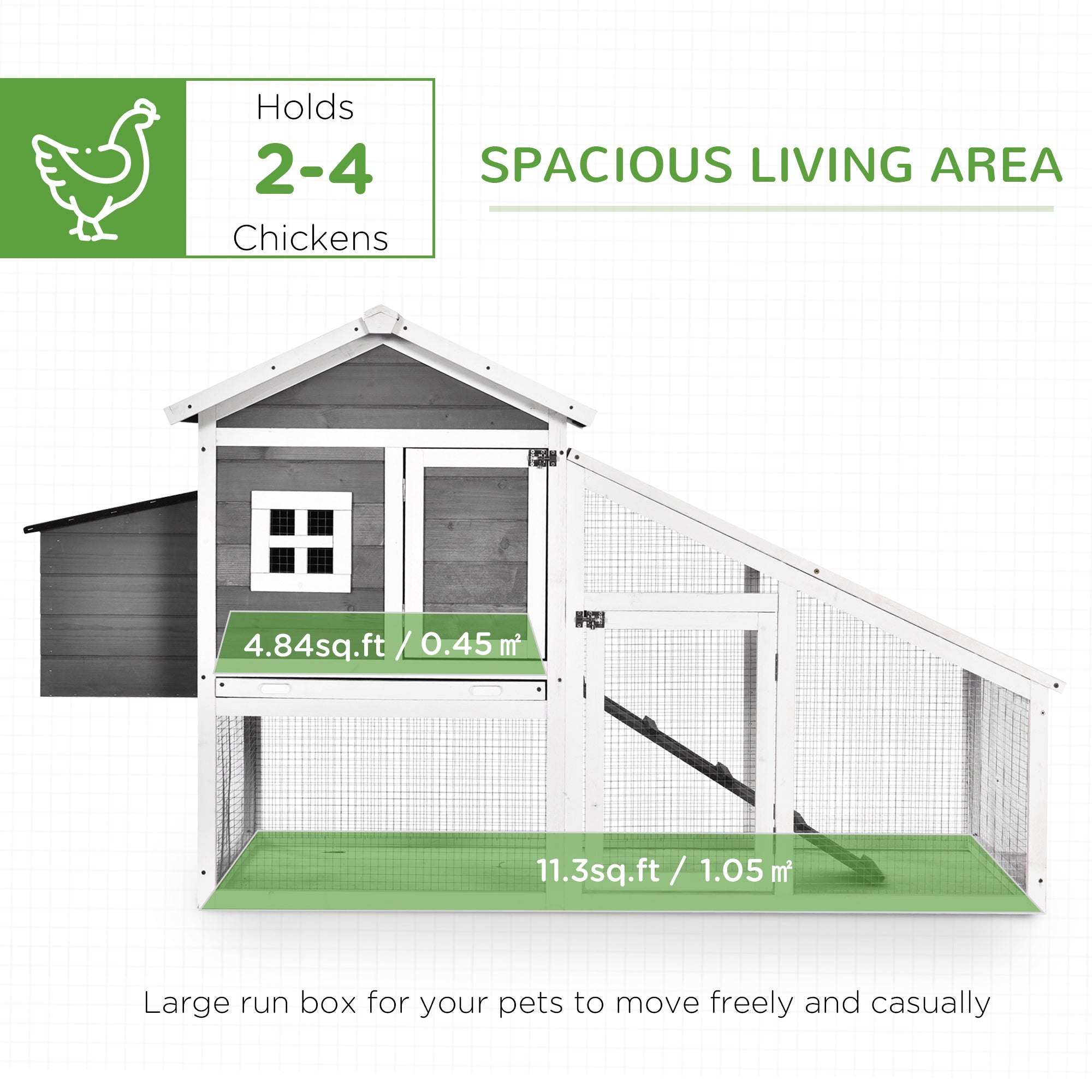 PawHut Chicken Coop with Run Backyard Wooden Hen House Poultry Coops Cages with Nesting Box Ramp Sliding Tray Outdoor Grey for 2-4 Chickens 175.4 x 95.5 x 100cm