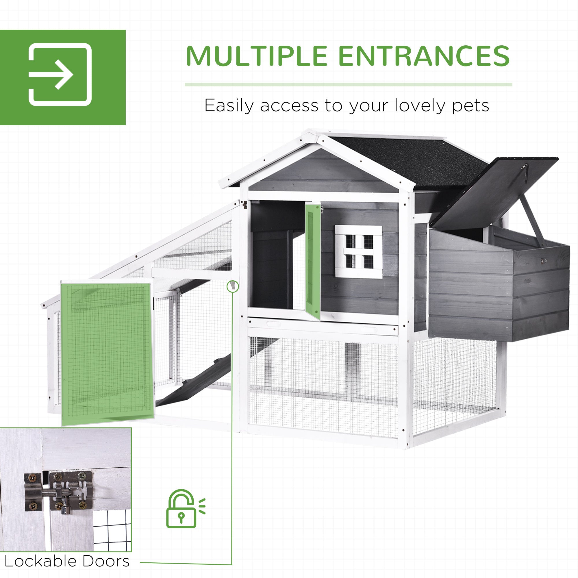 PawHut 69" Chicken Coop Wooden Hen House Rabbit Hutch Poultry Cage Pen Outdoor Backyard with Outdoor Run Nesting Box Removable Tray Waterproof Asphalt Roof Lockable Door Grey
