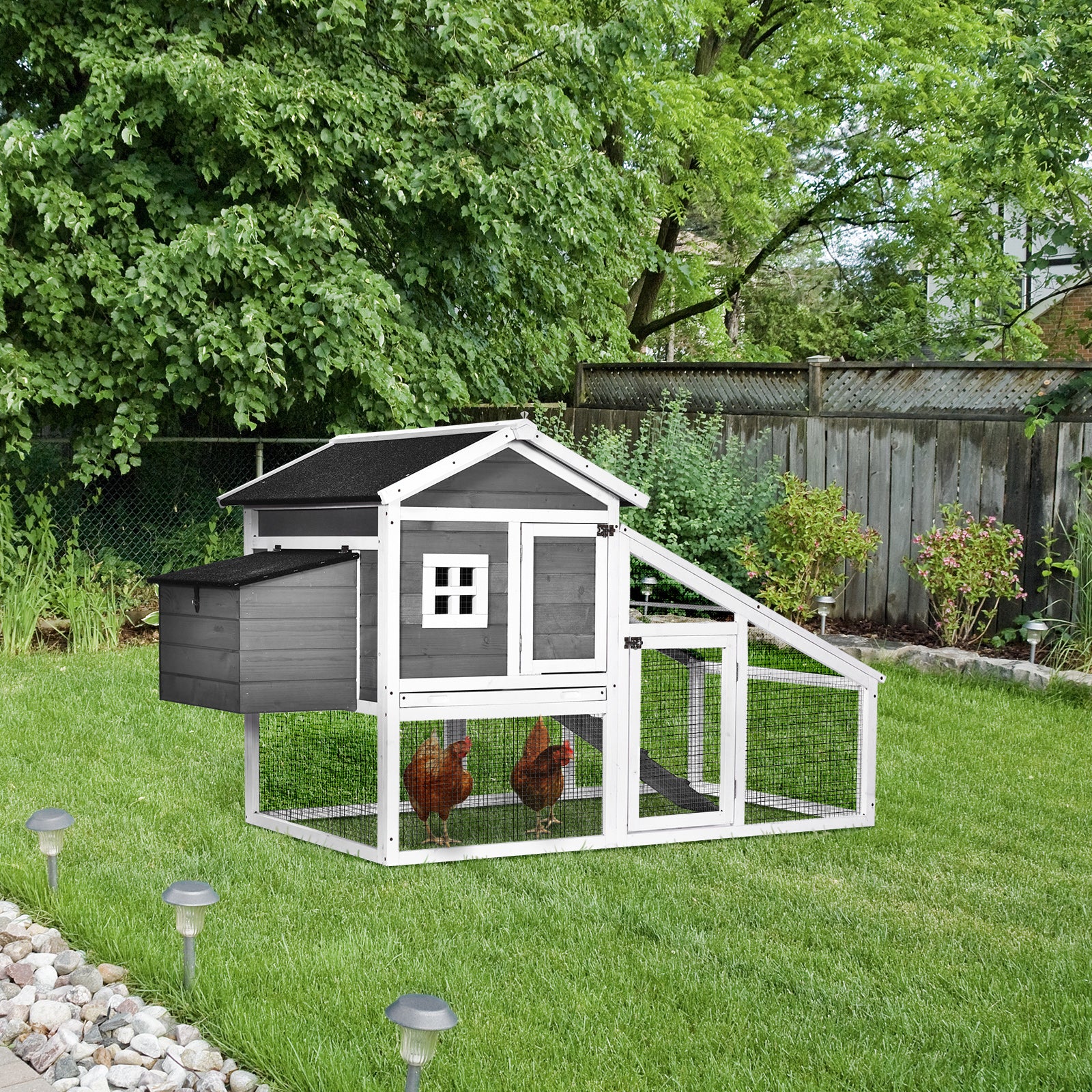 PawHut Chicken Coop with Run Backyard Wooden Hen House Poultry Coops Cages with Nesting Box Ramp Sliding Tray Outdoor Grey for 2-4 Chickens 175.4 x 95.5 x 100cm