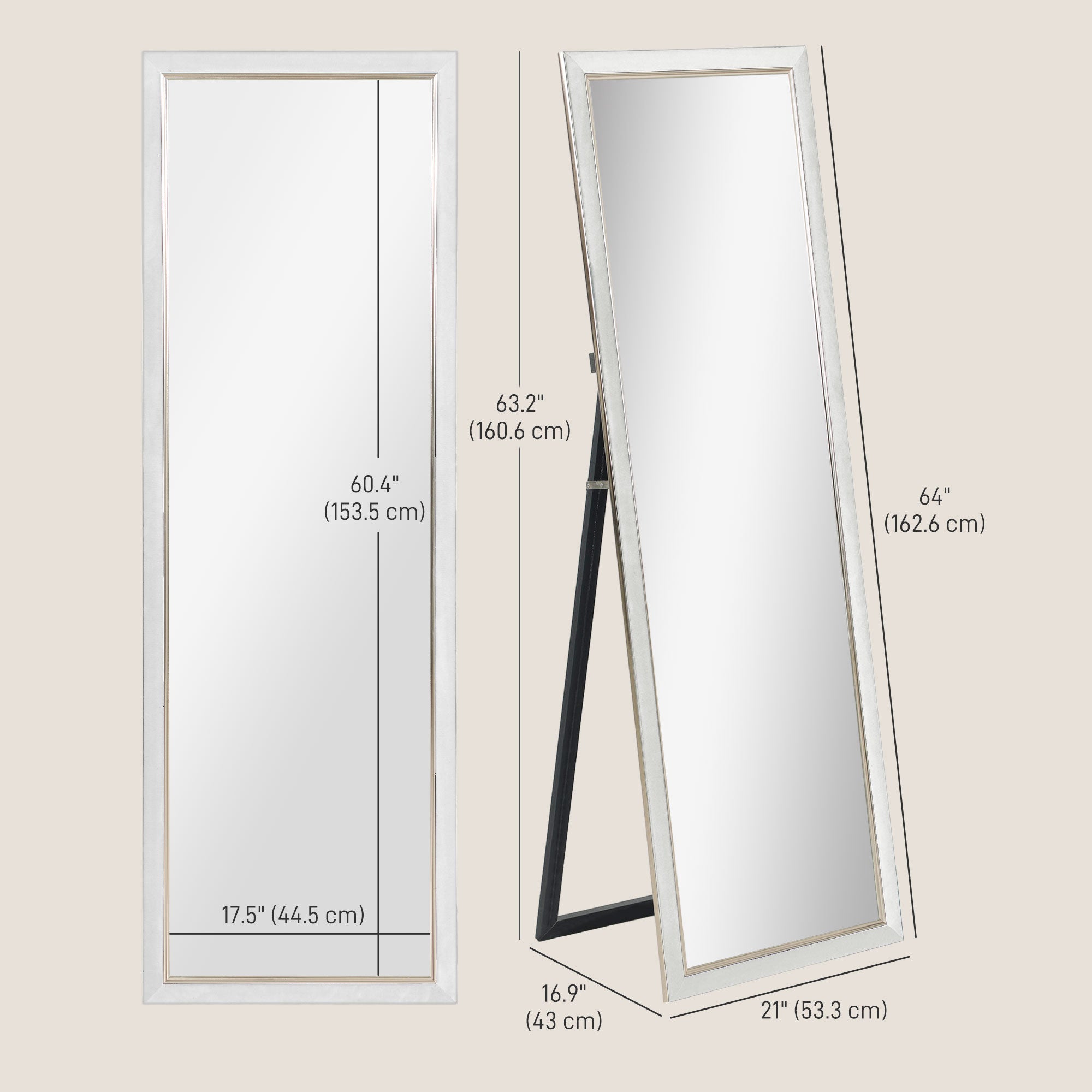 HOMCOM Full Length Mirror, 64" x 21" Full Body Mirror with Gold Frame, Free Standing, Leaning or Wall Mirror for Living Room, Bedroom, White