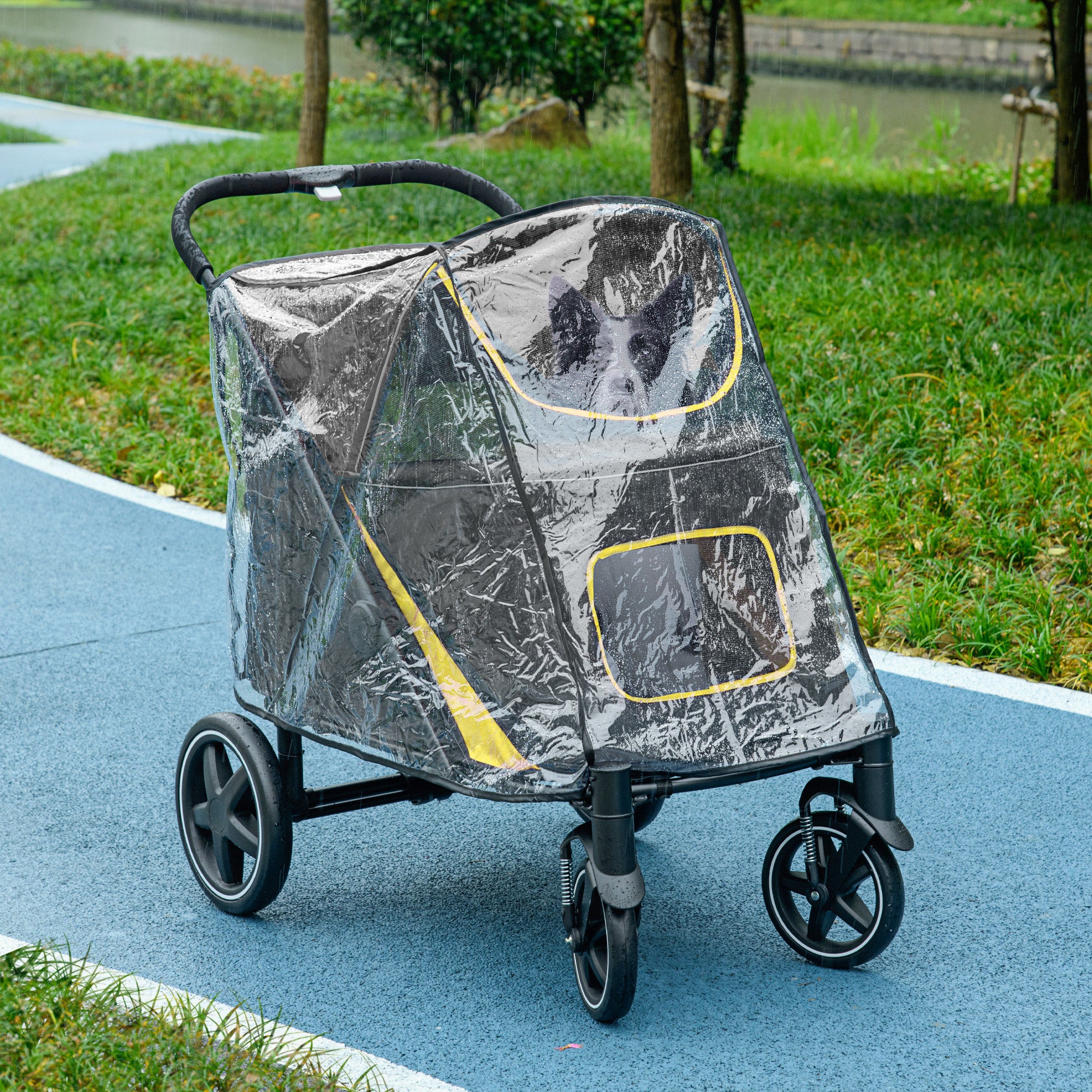 PawHut One-Click Foldable Pet Travel Stroller with Rain Cover, Cat Dog Pushchair with Universal Front Wheels, Shock Absorber, Storage Bags, Mesh Window, Safety Leash for Large and Medium Dogs (Grey)