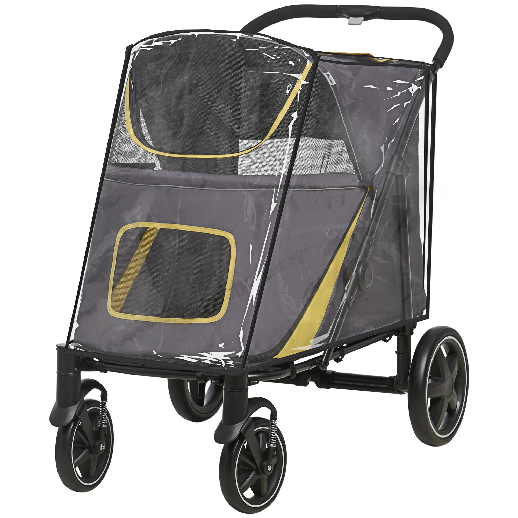 PawHut One-Click Foldable Pet Travel Stroller with Rain Cover, Cat Dog Pushchair with Universal Front Wheels, Shock Absorber, Storage Bags, Mesh Window, Safety Leash for Large and Medium Dogs (Grey)