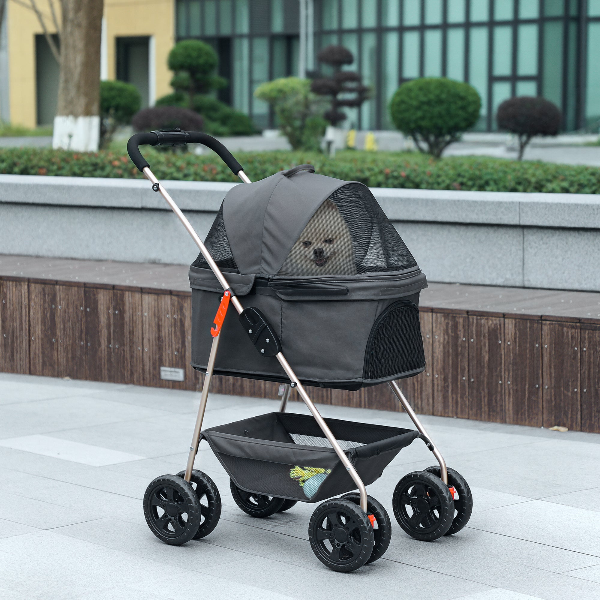 PawHut 3 in 1 Pet Stroller with Detachable Carrier, 4 Wheels Dog Stroller with Storage Basket, Cupholder, Washable Pads, Folding Lightweight Cat Stroller for Mini Dogs and Cats, Gray