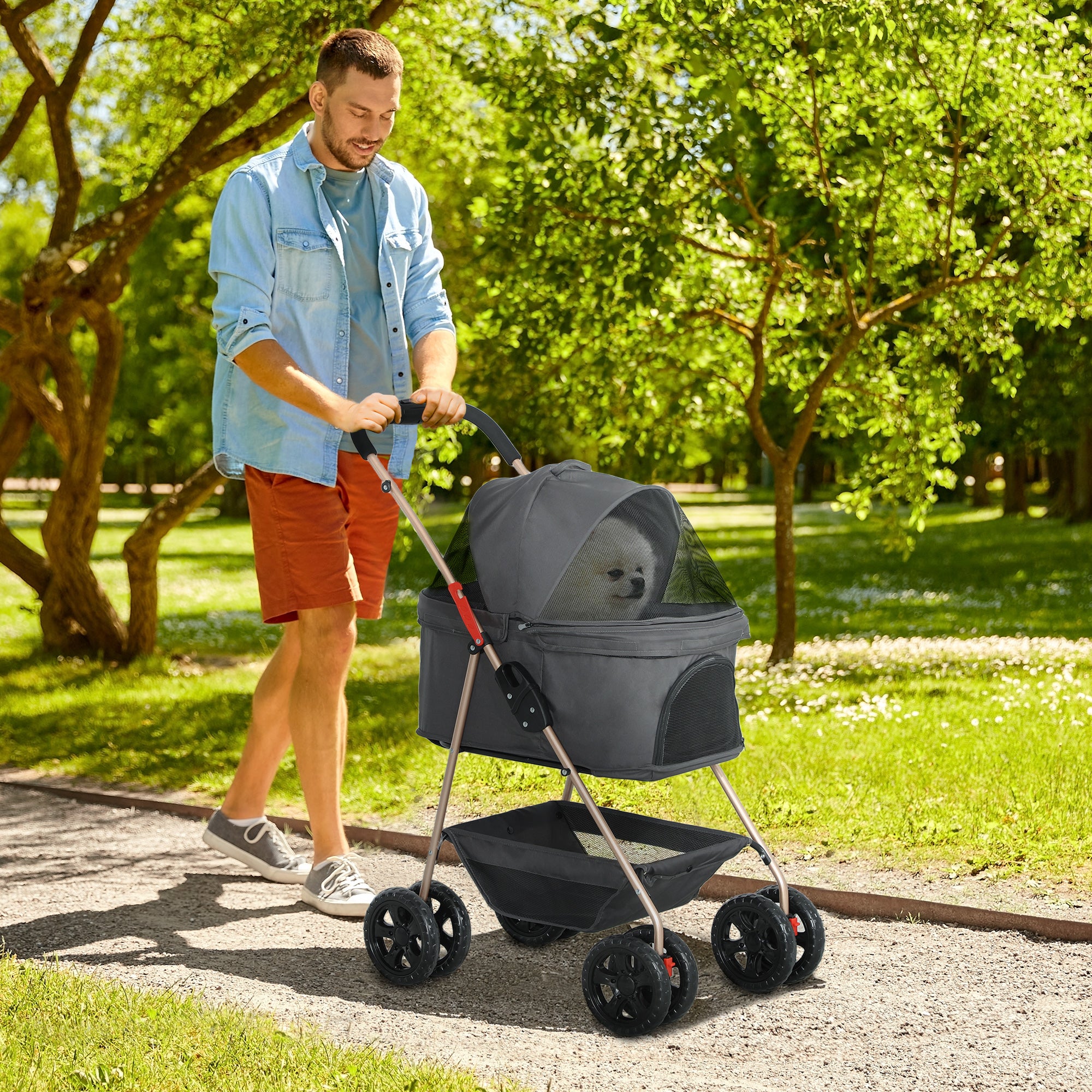 PawHut 3 in 1 Pet Stroller with Detachable Carrier, 4 Wheels Dog Stroller with Storage Basket, Cupholder, Washable Pads, Folding Lightweight Cat Stroller for Mini Dogs and Cats, Gray