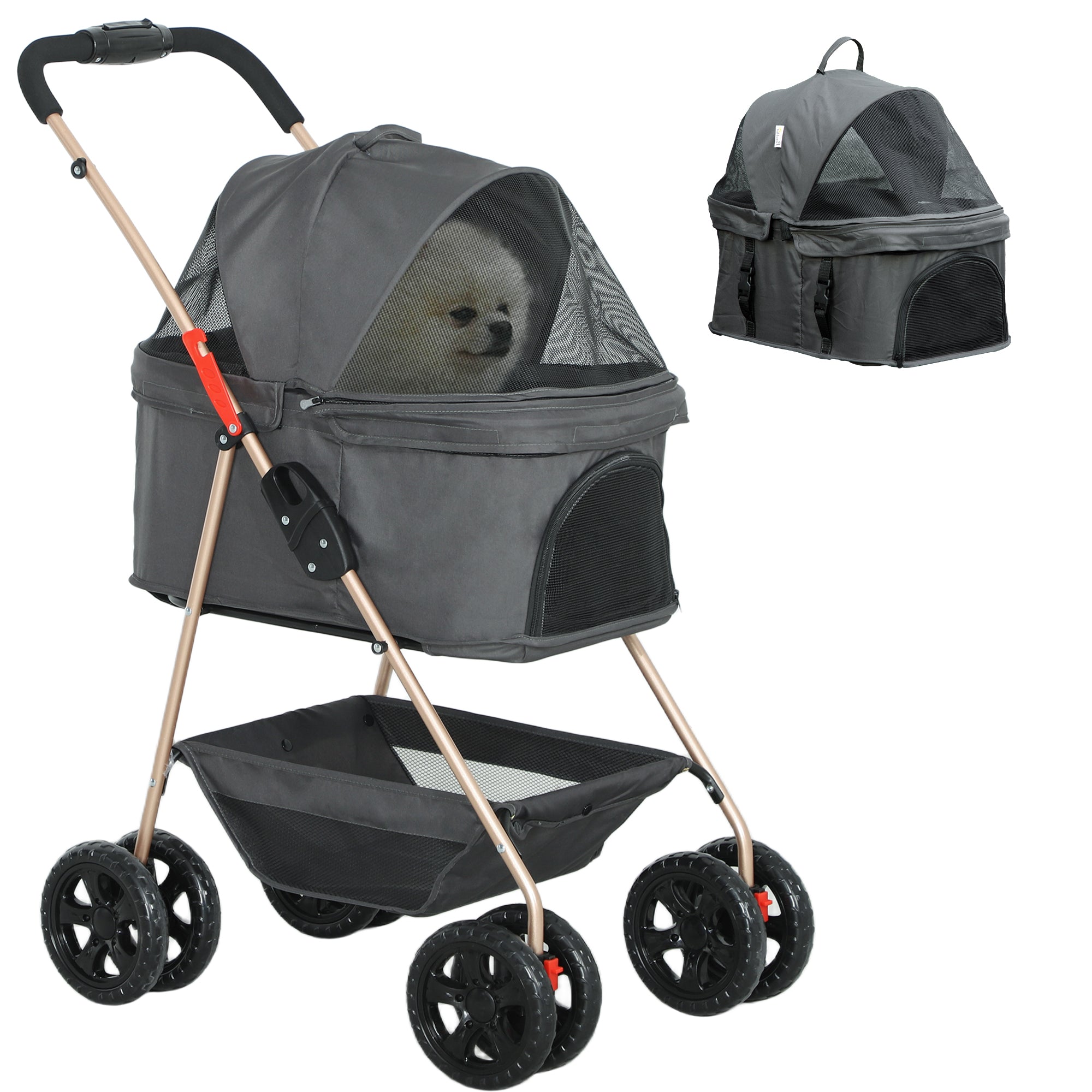 PawHut 3 in 1 Pet Stroller with Detachable Carrier, 4 Wheels Dog Stroller with Storage Basket, Cupholder, Washable Pads, Folding Lightweight Cat Stroller for Mini Dogs and Cats, Gray