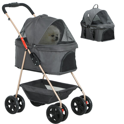PawHut 3 in 1 Pet Stroller with Detachable Carrier, 4 Wheels Dog Stroller with Storage Basket, Cupholder, Washable Pads, Folding Lightweight Cat Stroller for Mini Dogs and Cats, Gray