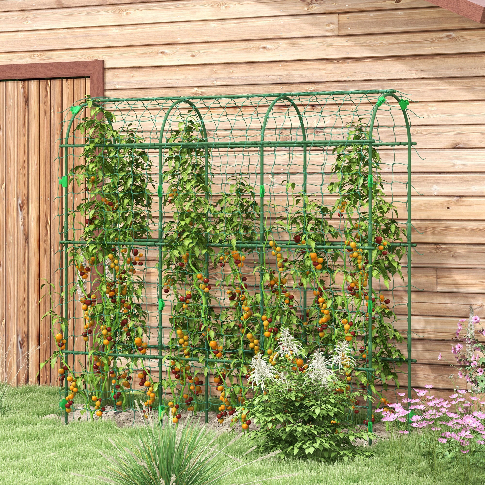 Outsunny Cucumber Trellis, 6ft Tall Garden Arch Trellis for Climbing Plants Outdoor, A-Frame, with PE Coated Steel Structure and Net, Support Vegetables Peas Fruits Vines