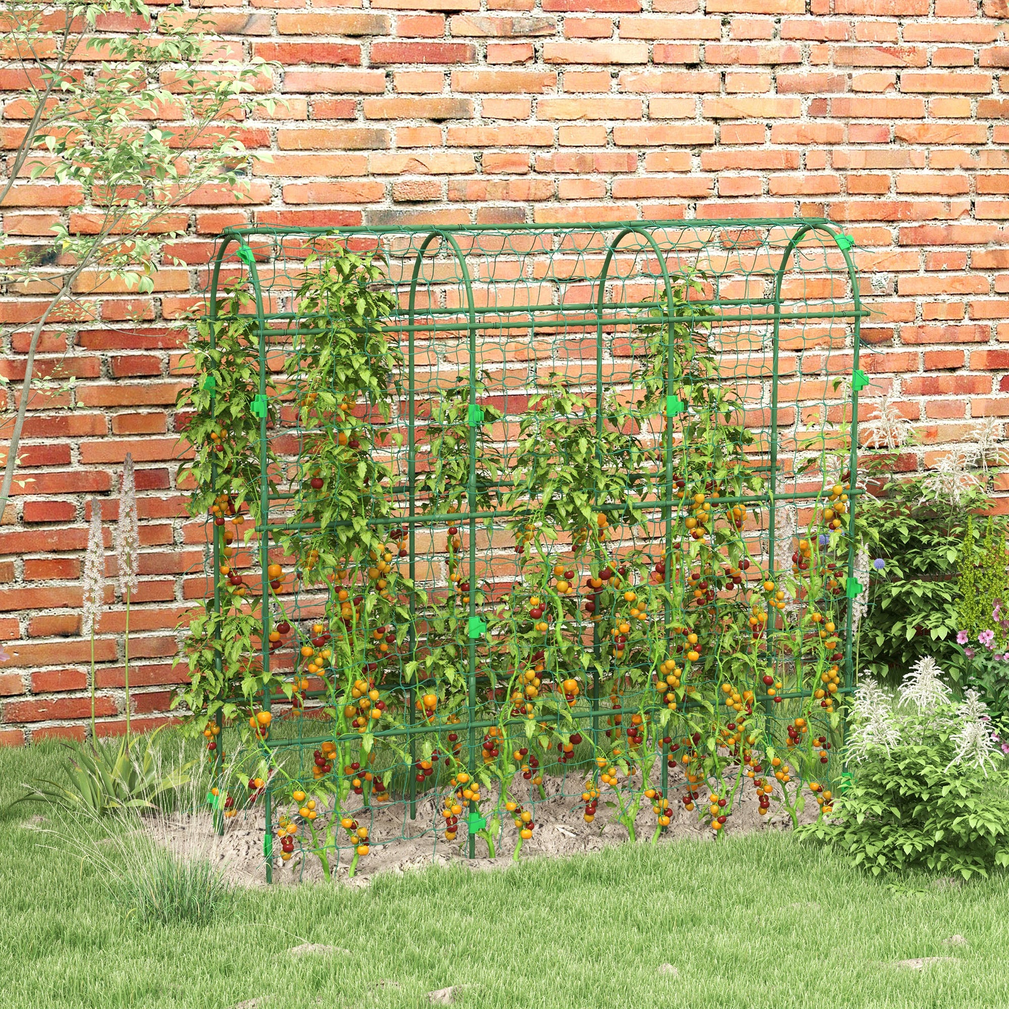 Outsunny Cucumber Trellis, 6ft Tall Garden Arch Trellis for Climbing Plants Outdoor, A-Frame, with PE Coated Steel Structure and Net, Support Vegetables Peas Fruits Vines