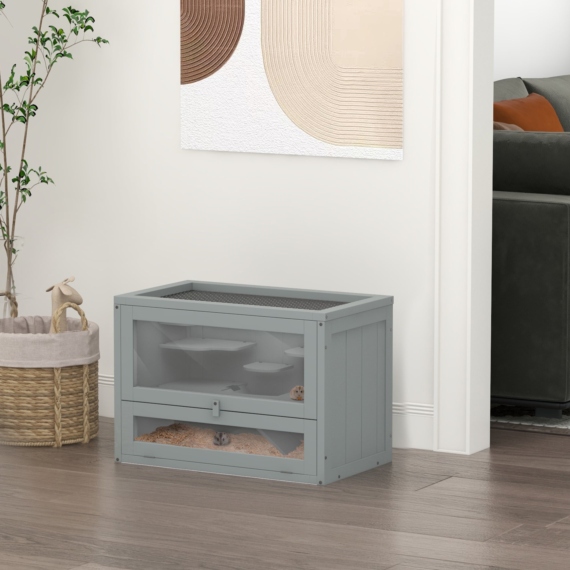 PawHut 24 Inch Hamster Cage, 2 Levels Small Animals Cage with Openable Roof, Run Space, Platforms, Pet House for Dwarf Hamsters, Gerbils, Chinchillas, Grey