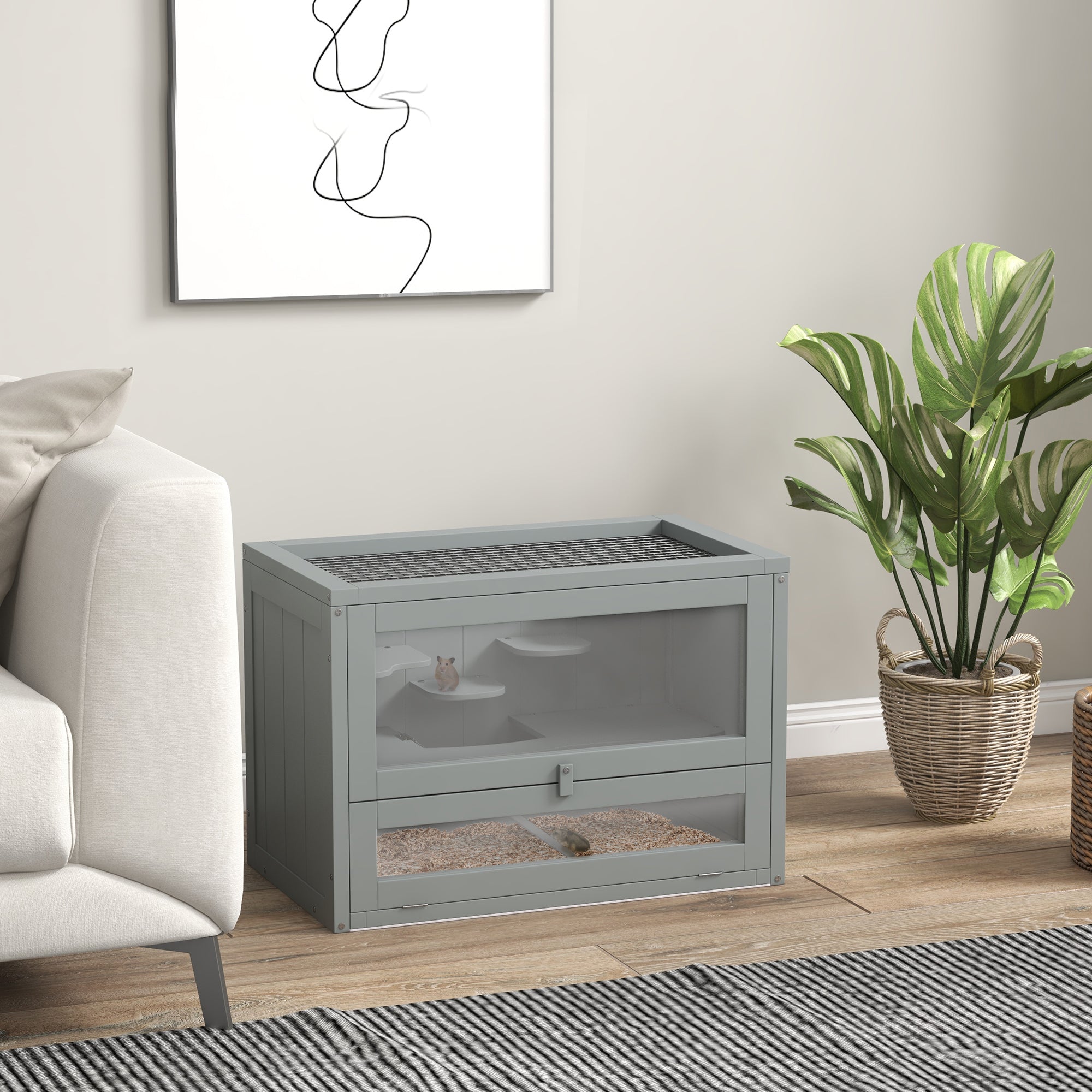 PawHut 24 Inch Hamster Cage, 2 Levels Small Animals Cage with Openable Roof, Run Space, Platforms, Pet House for Dwarf Hamsters, Gerbils, Chinchillas, Grey