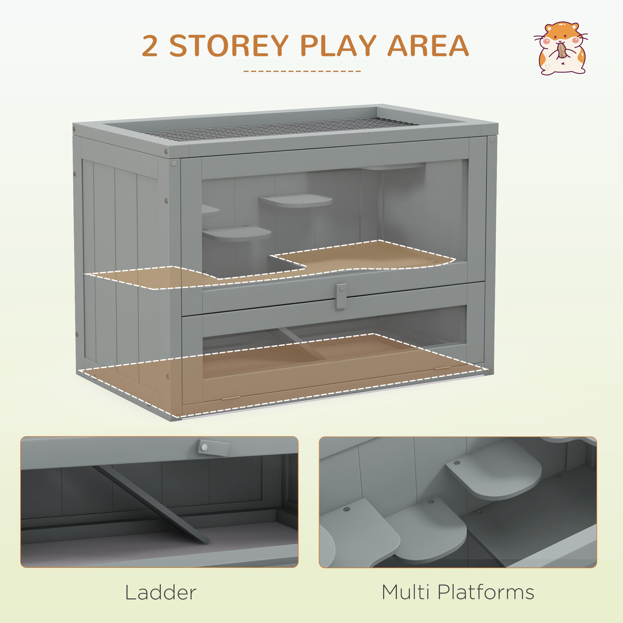 PawHut 24 Inch Hamster Cage, 2 Levels Small Animals Cage with Openable Roof, Run Space, Platforms, Pet House for Dwarf Hamsters, Gerbils, Chinchillas, Grey
