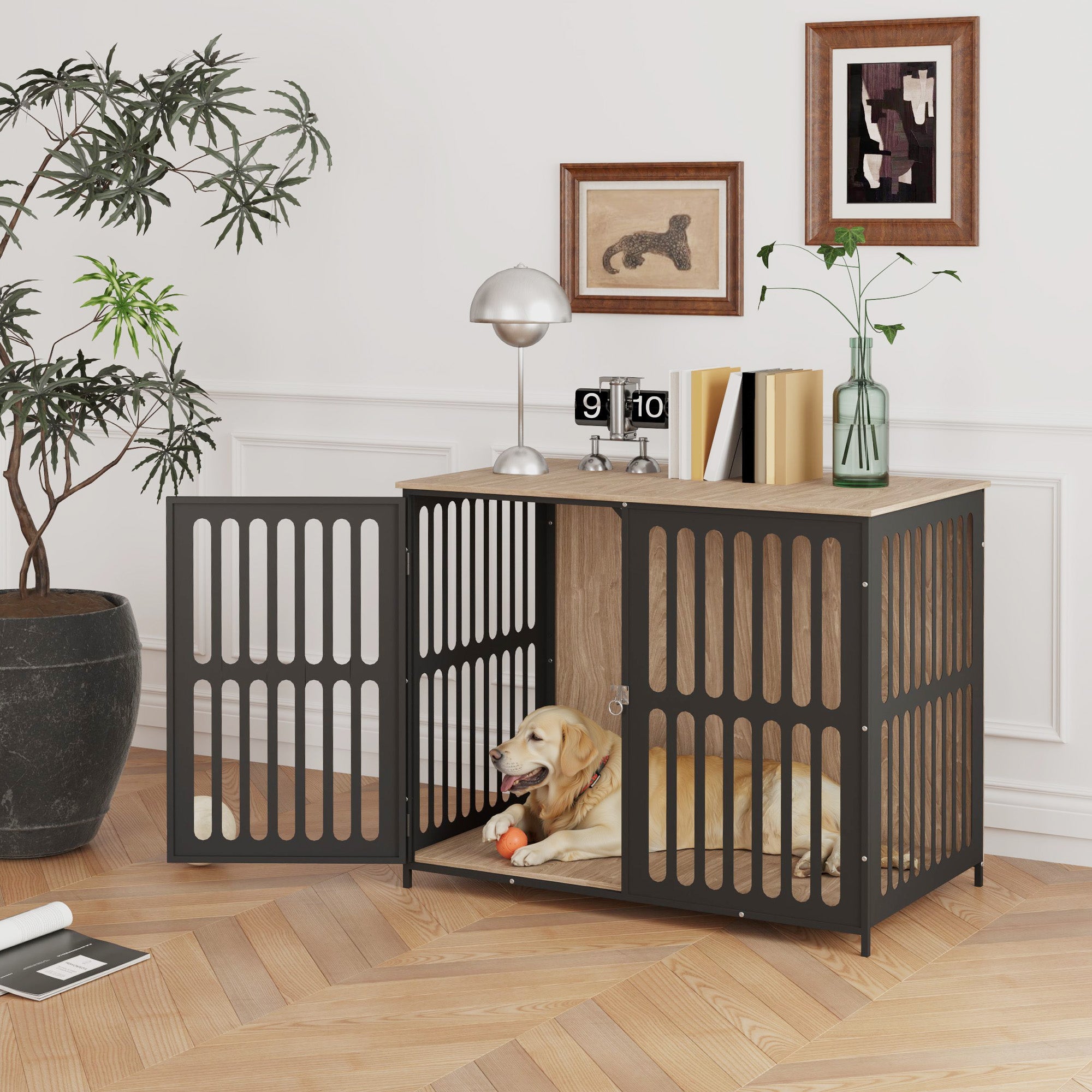PawHut Dog Crate Furniture, Dog Cage Side End Table Indoor with Anti-Chew Resistant Mesh, Anti-Escape Door, for Large Pet, 100 x 60 x 81.5 cm, Walnut Brown