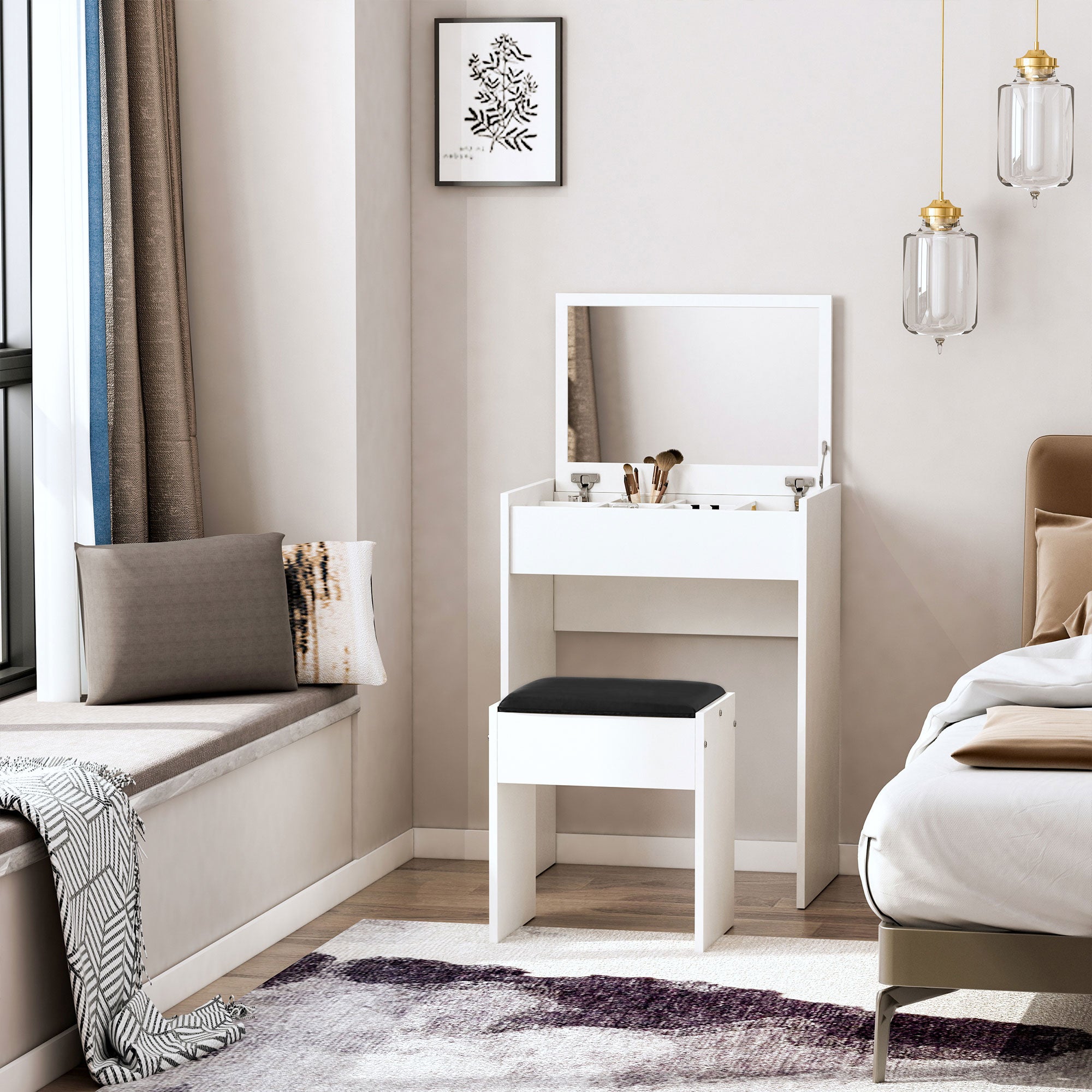 HOMCOM Mirrored Vanity Set, Dressing Table and Stool Set, Makeup Desk with Flip Top, Bedroom Furniture, White