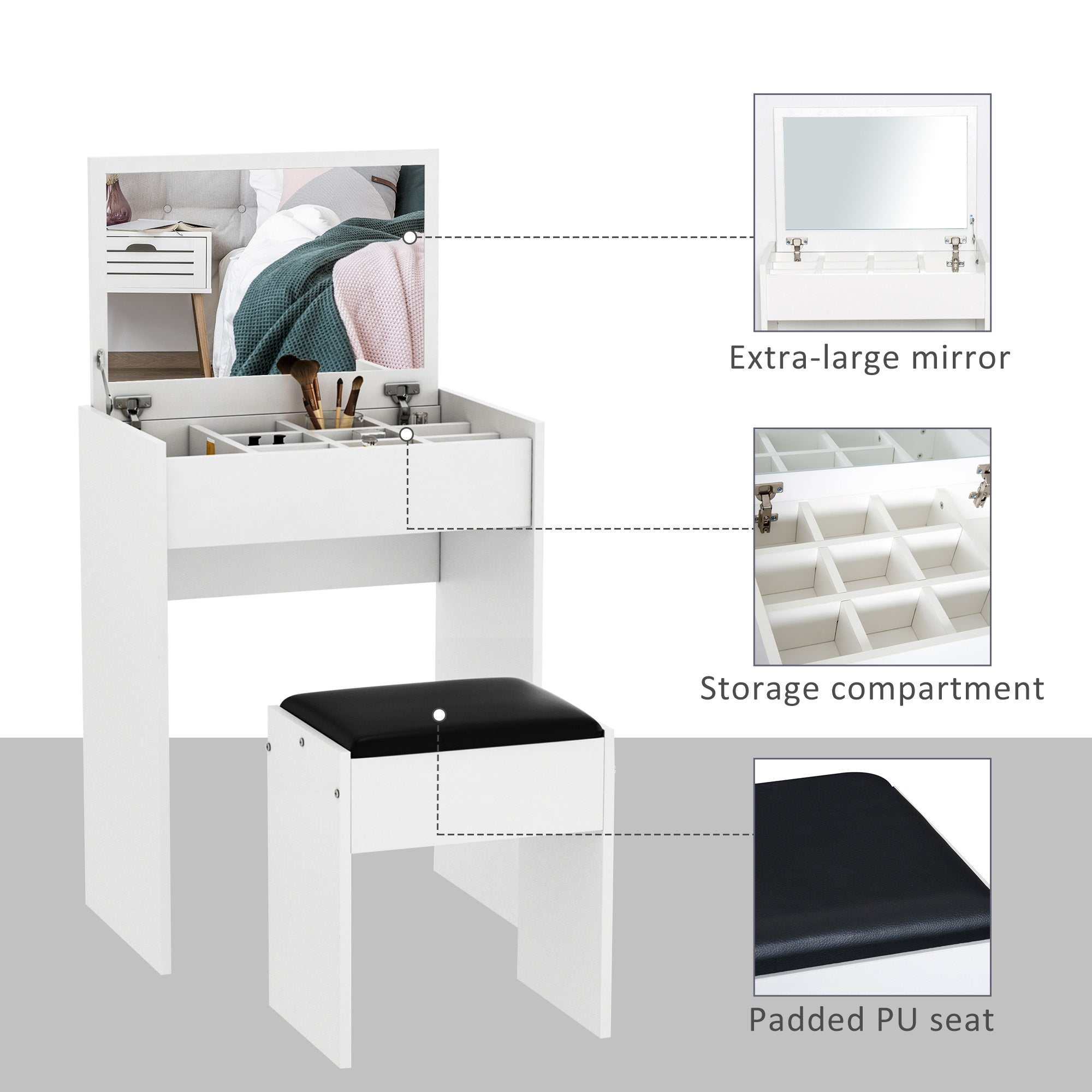 HOMCOM Mirrored Vanity Set, Dressing Table and Stool Set, Makeup Desk with Flip Top, Bedroom Furniture, White
