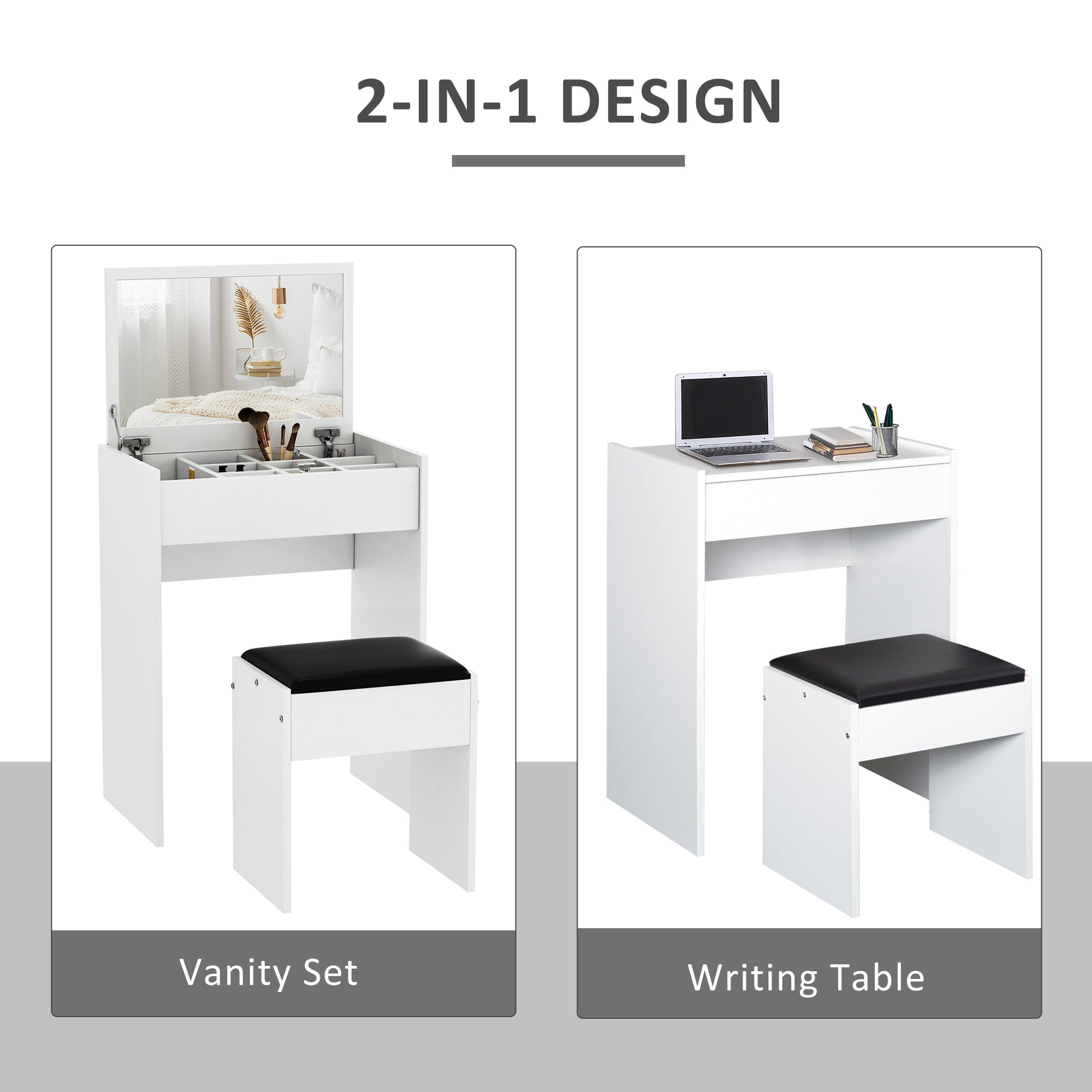 HOMCOM Mirrored Vanity Set, Dressing Table and Stool Set, Makeup Desk with Flip Top, Bedroom Furniture, White