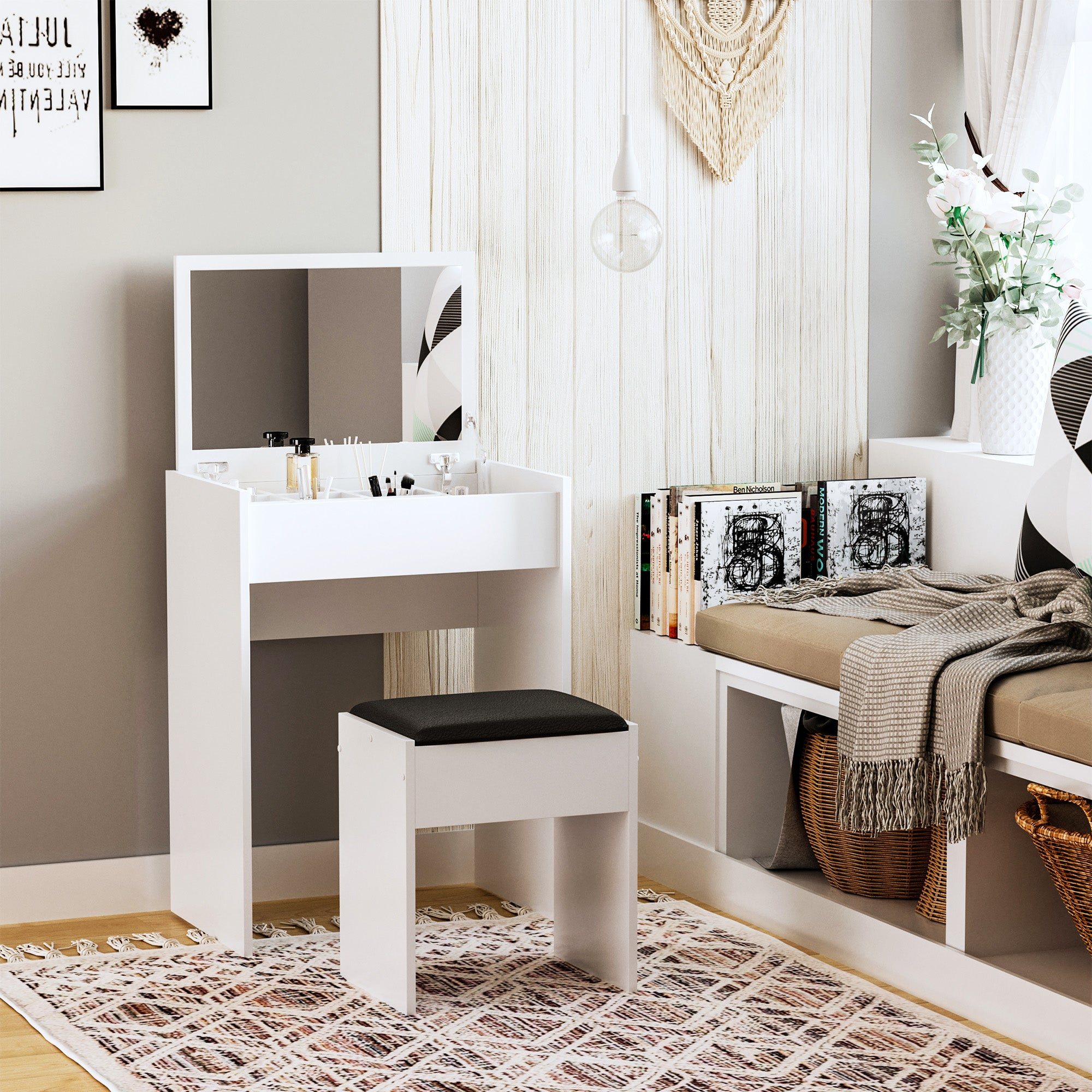 HOMCOM Mirrored Vanity Set, Dressing Table and Stool Set, Makeup Desk with Flip Top, Bedroom Furniture, White