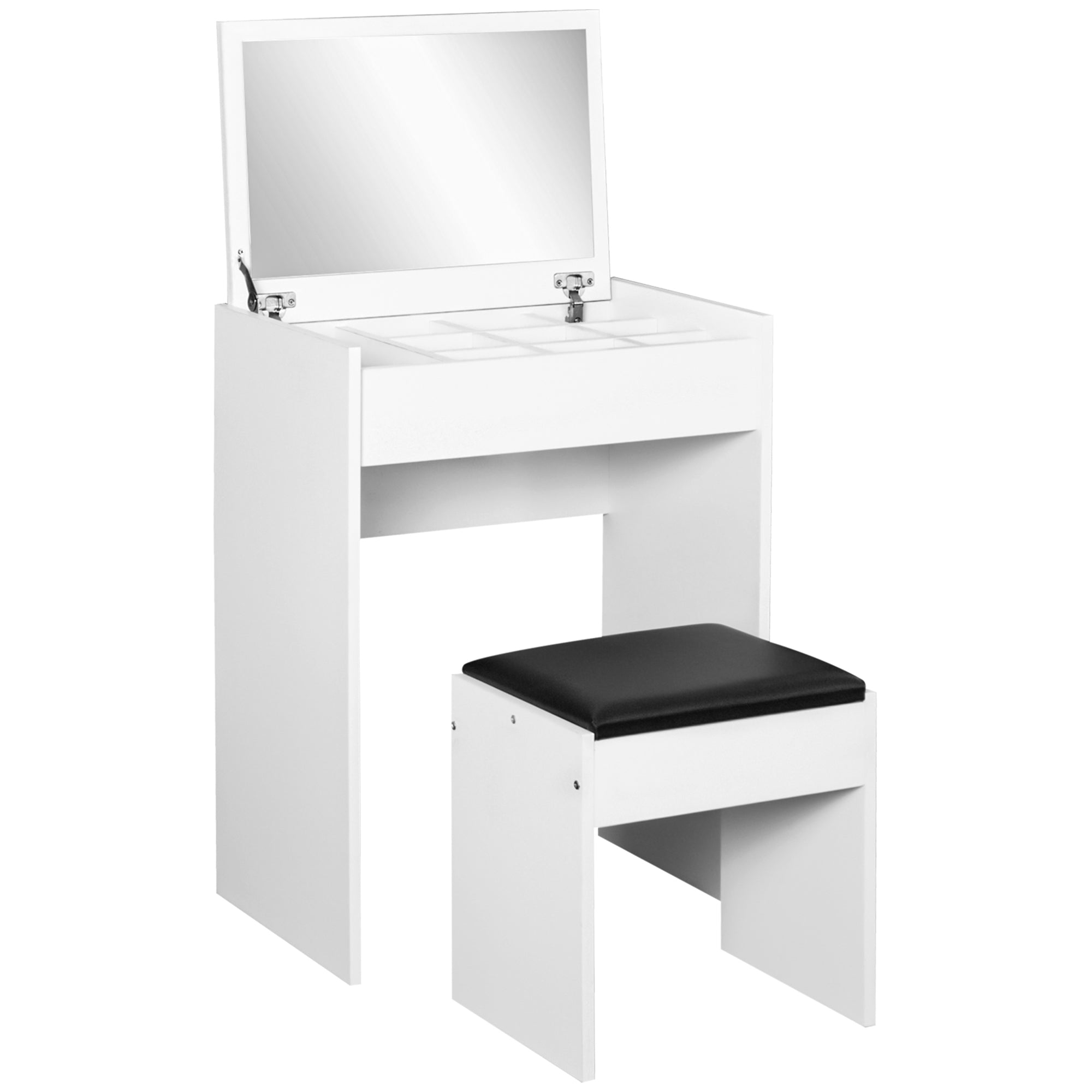 HOMCOM Mirrored Vanity Set, Dressing Table and Stool Set, Makeup Desk with Flip Top, Bedroom Furniture, White
