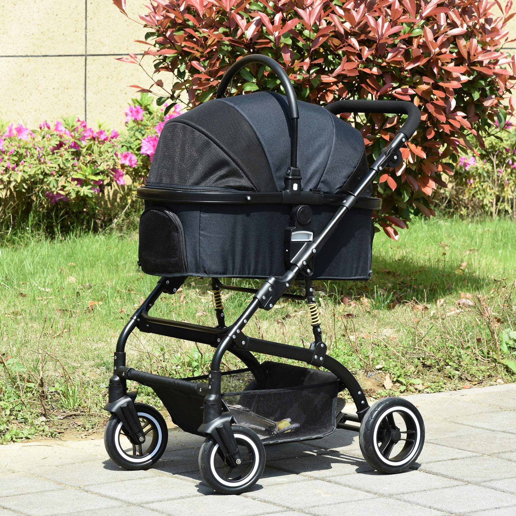 PawHut 4 Wheels Pet Stroller with Detachable Carrier, Foldable Cat Dog Travel Carriage, 2-In-1 Design Carrying Bag with Universal Wheel Brake Canopy Basket Black