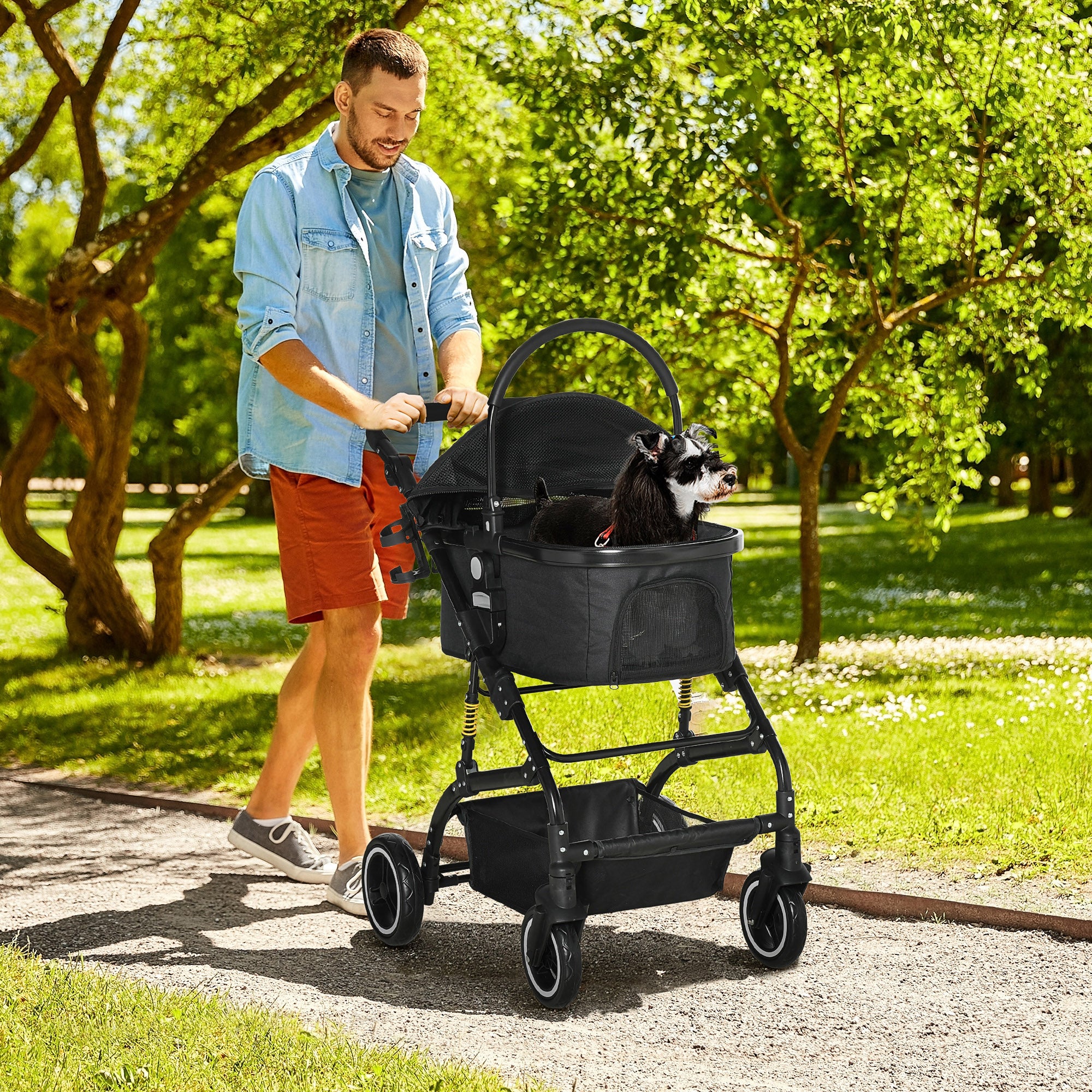 PawHut 4 Wheels Pet Stroller with Detachable Carrier, Foldable Cat Dog Travel Carriage, 2-In-1 Design Carrying Bag with Universal Wheel Brake Canopy Basket Black