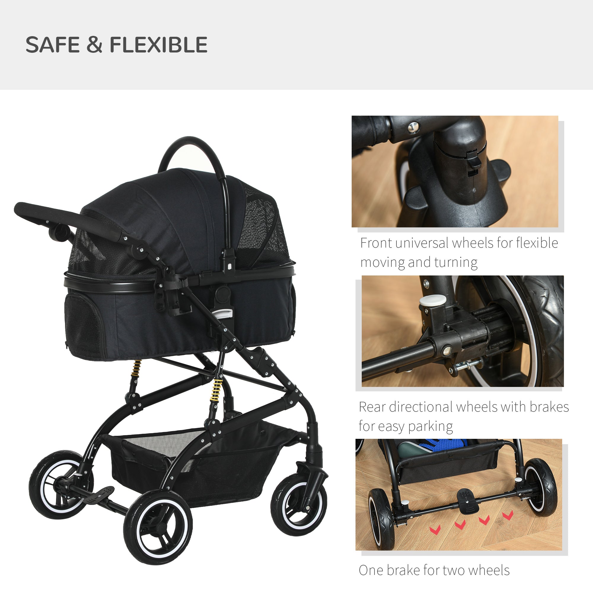 PawHut 4 Wheels Pet Stroller with Detachable Carrier, Foldable Cat Dog Travel Carriage, 2-In-1 Design Carrying Bag with Universal Wheel Brake Canopy Basket Black