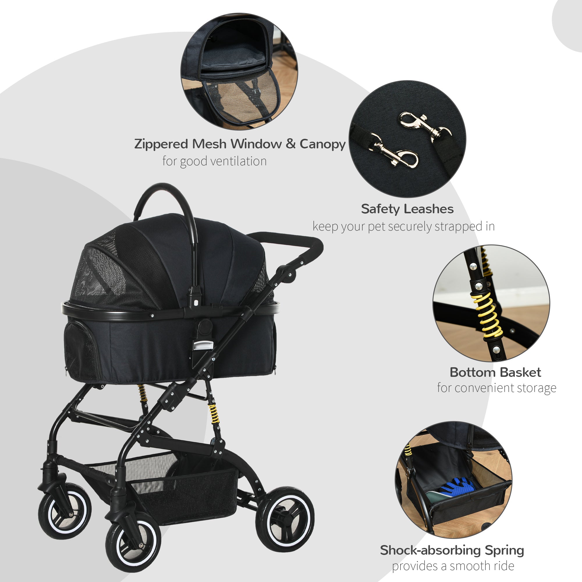 PawHut 4 Wheels Pet Stroller with Detachable Carrier, Foldable Cat Dog Travel Carriage, 2-In-1 Design Carrying Bag with Universal Wheel Brake Canopy Basket Black