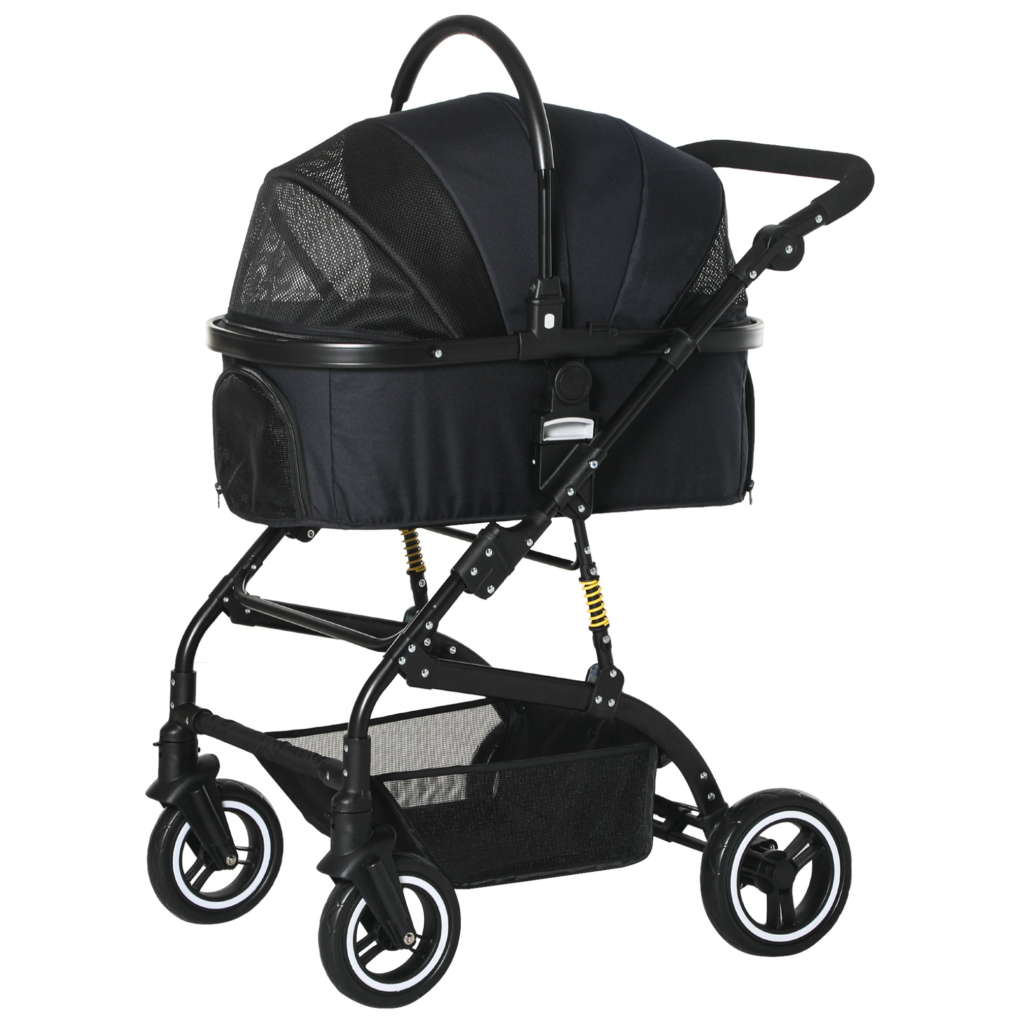 PawHut 4 Wheels Pet Stroller with Detachable Carrier, Foldable Cat Dog Travel Carriage, 2-In-1 Design Carrying Bag with Universal Wheel Brake Canopy Basket Black