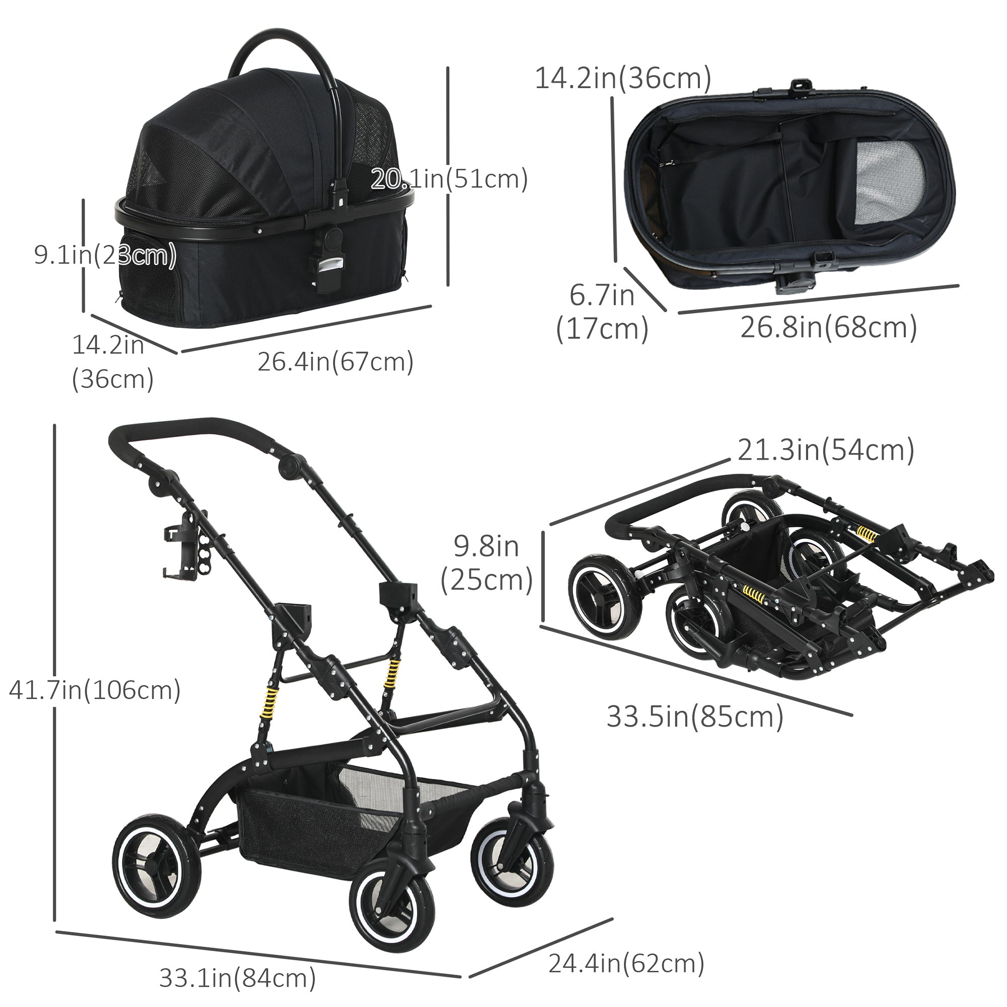PawHut 4 Wheels Pet Stroller with Detachable Carrier, Foldable Cat Dog Travel Carriage, 2-In-1 Design Carrying Bag with Universal Wheel Brake Canopy Basket Black