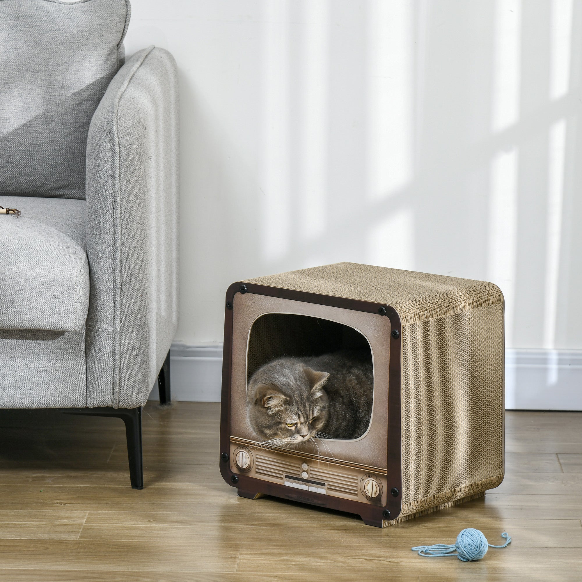 PawHut Cat Scratching Board, Cat Scratcher TV Shape Corrugated Cardboard 2 in 1 Cat House with Catnip, for Indoor Cats, Brown