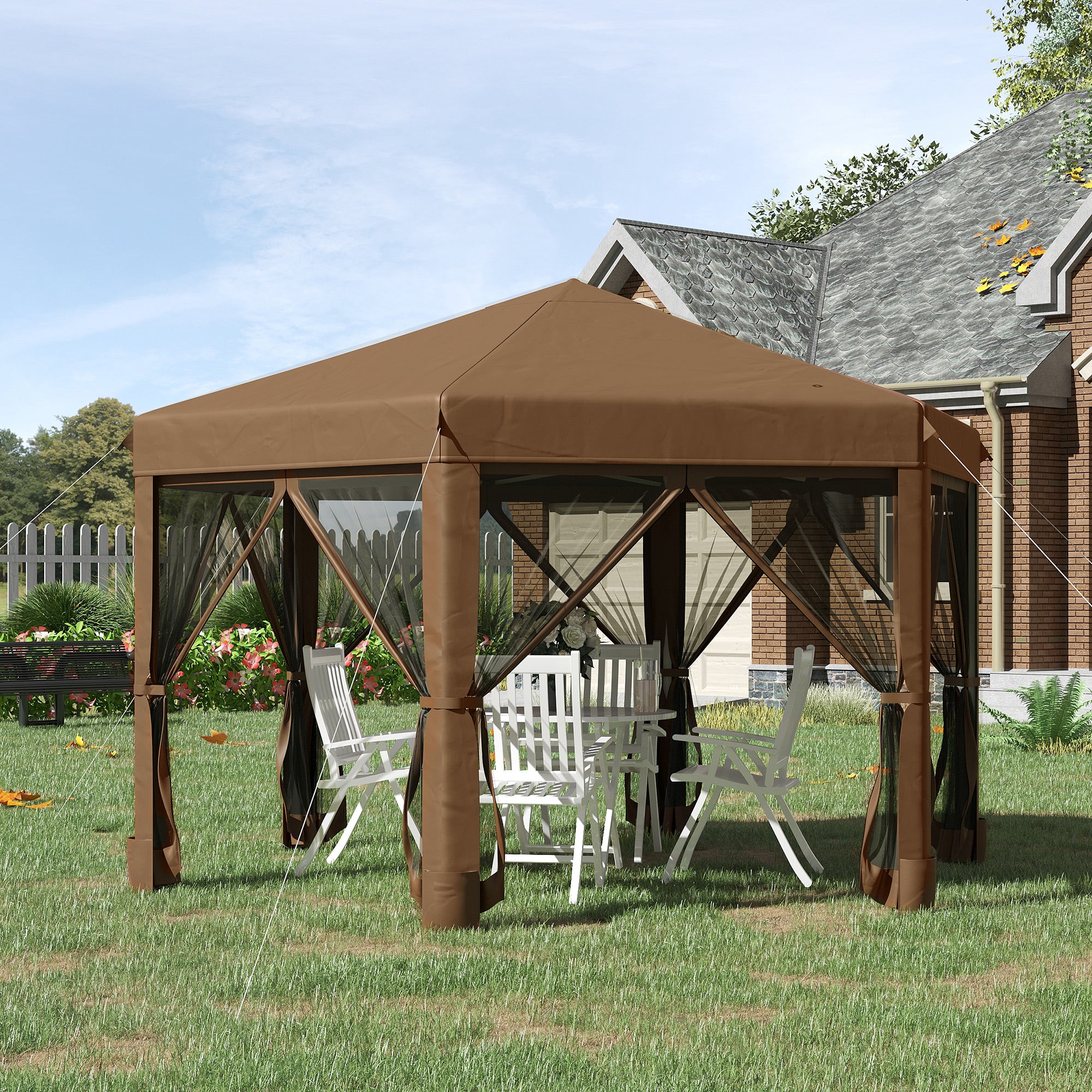 Outsunny 12.5' Pop Up Gazebo Hexagonal Canopy Tent Outdoor Shelter Pavilion Sun Protection with Mesh Sidewalls, Handy Bag, Dark Brown