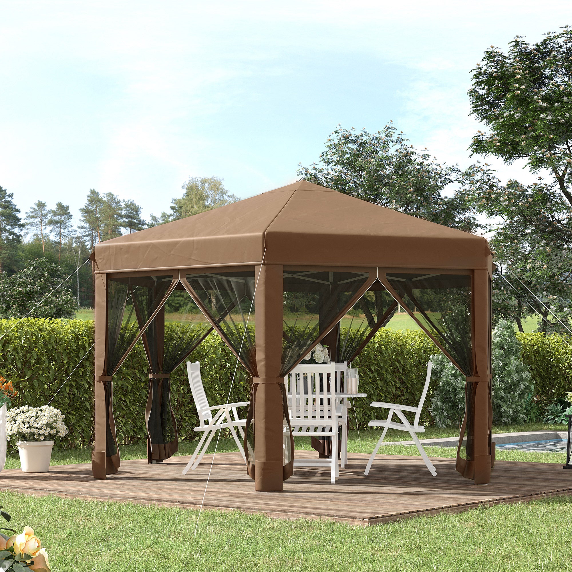Outsunny 12.5' Pop Up Gazebo Hexagonal Canopy Tent Outdoor Shelter Pavilion Sun Protection with Mesh Sidewalls, Handy Bag, Dark Brown