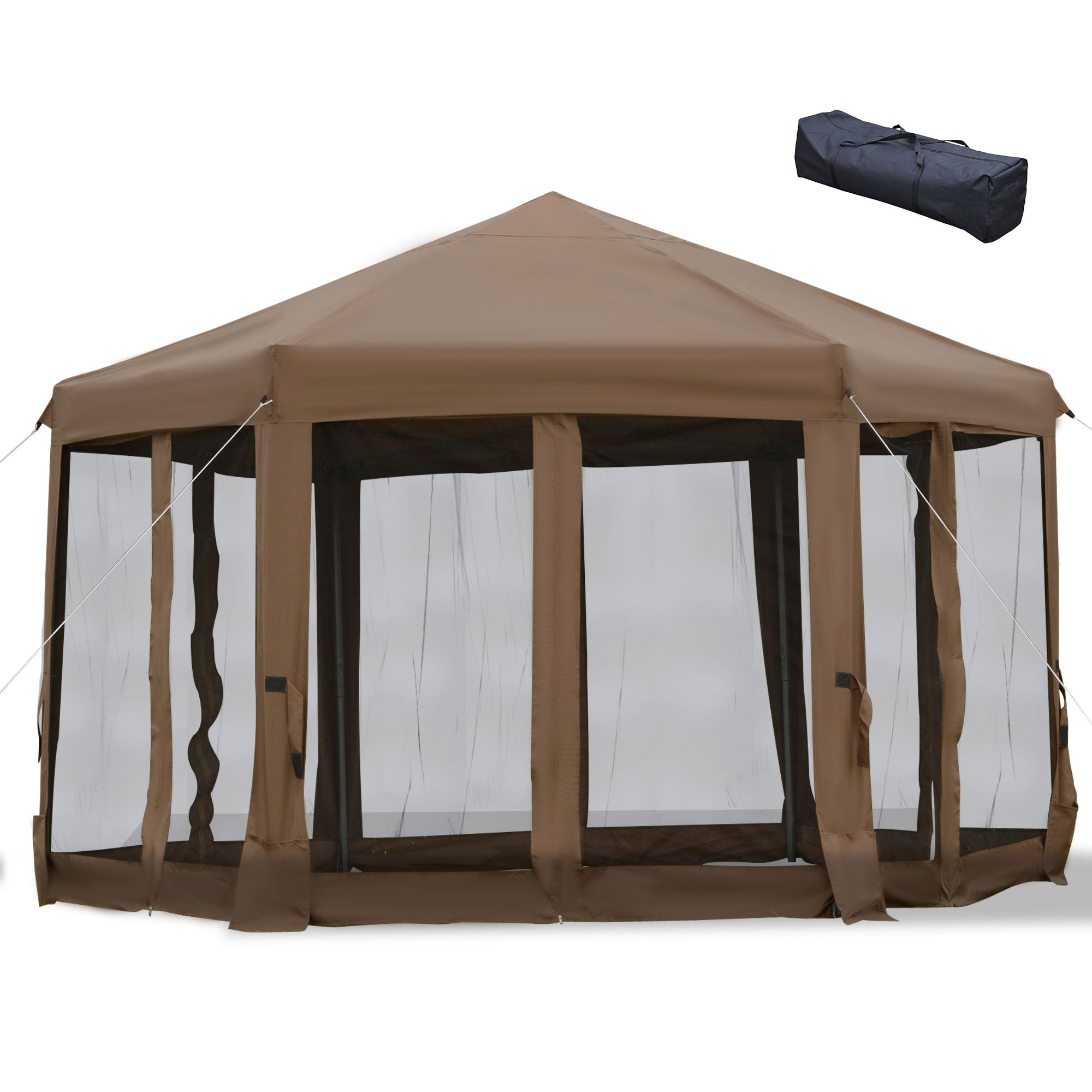 Outsunny 12.5' Pop Up Gazebo Hexagonal Canopy Tent Outdoor Shelter Pavilion Sun Protection with Mesh Sidewalls, Handy Bag, Dark Brown