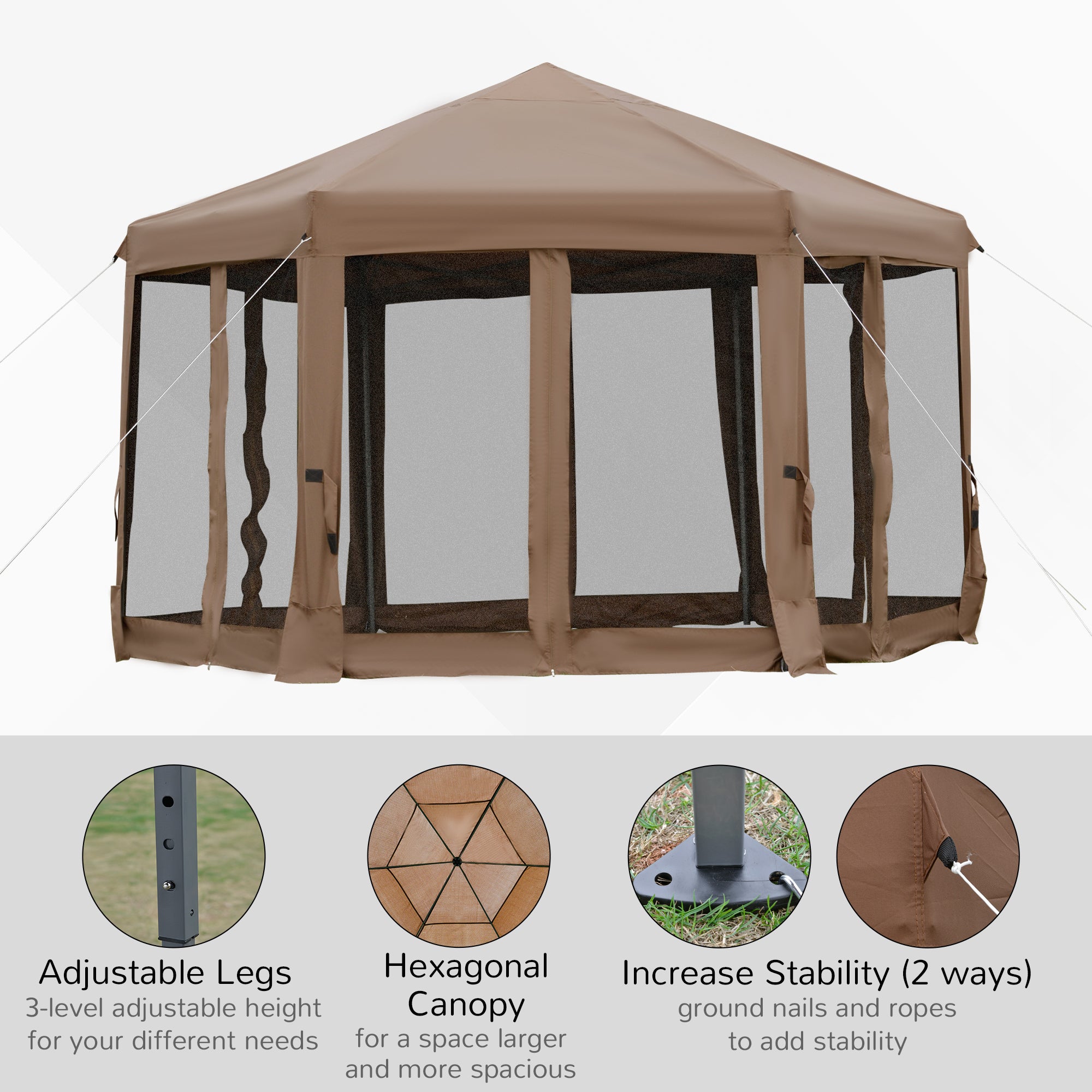 Outsunny 12.5' Pop Up Gazebo Hexagonal Canopy Tent Outdoor Shelter Pavilion Sun Protection with Mesh Sidewalls, Handy Bag, Dark Brown