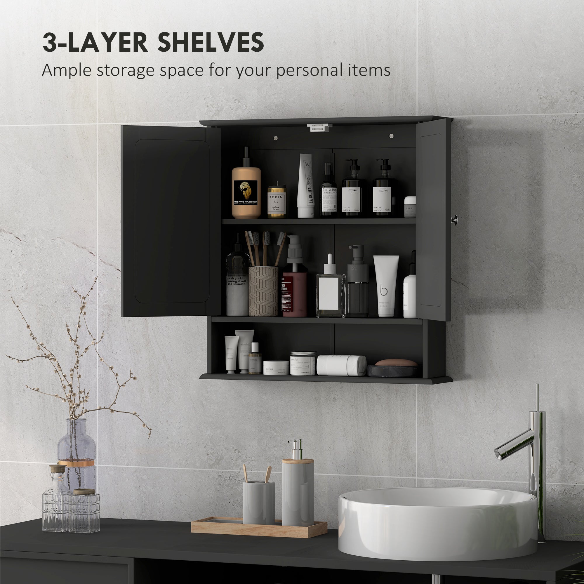 kleankin Medicine Cabinet, Wall-Mounted Bathroom Mirror Cabinet with Double Doors, Open Shelf, and Adjustable Shelf, Modern Bathroom Wall Cabinet, Black