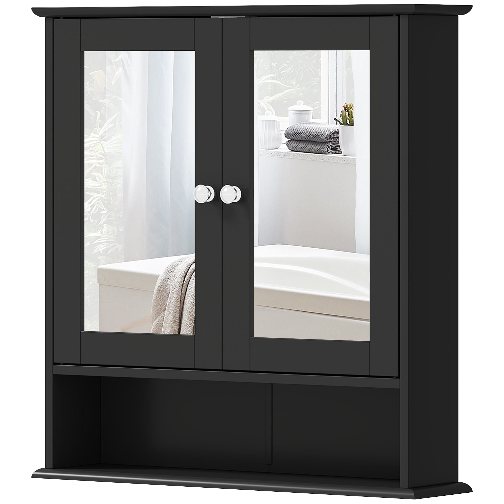 kleankin Medicine Cabinet, Wall-Mounted Bathroom Mirror Cabinet with Double Doors, Open Shelf, and Adjustable Shelf, Modern Bathroom Wall Cabinet, Black