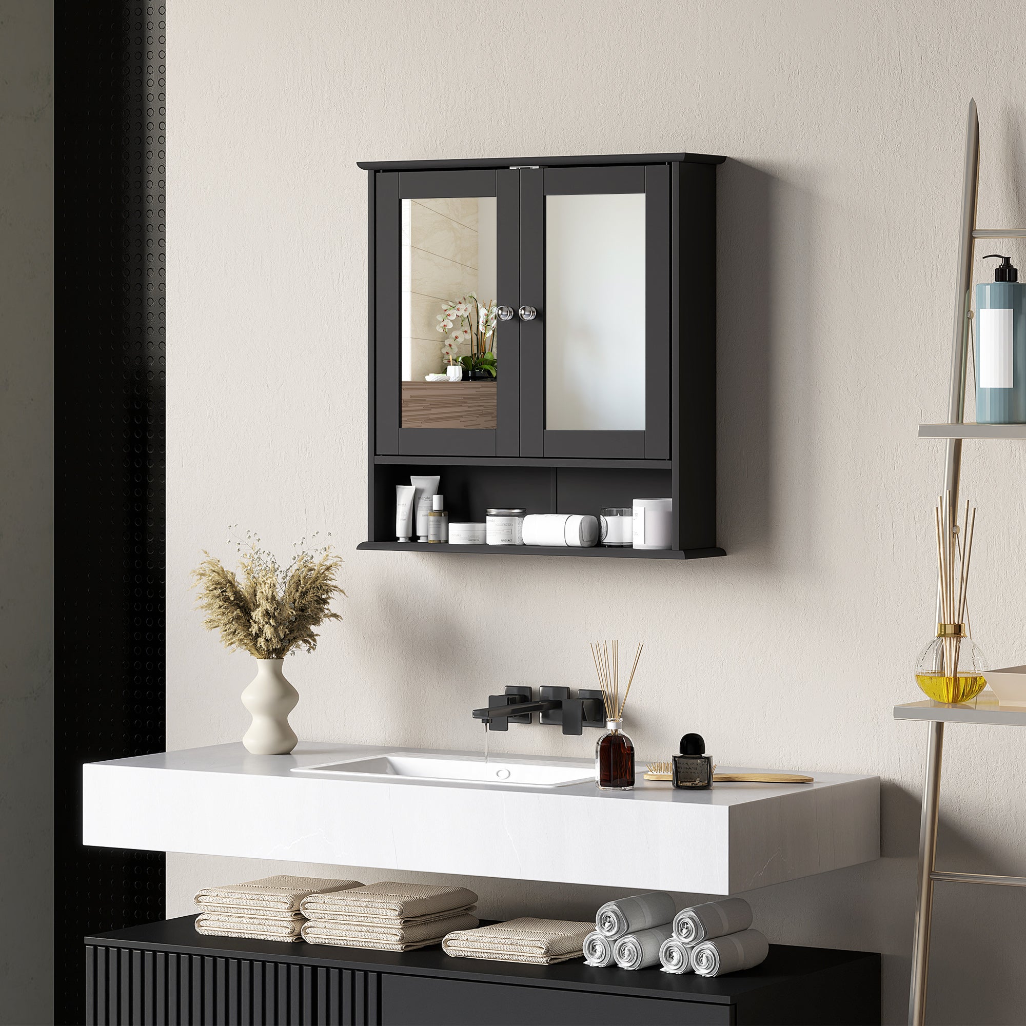kleankin Medicine Cabinet, Wall-Mounted Bathroom Mirror Cabinet with Double Doors, Open Shelf, and Adjustable Shelf, Modern Bathroom Wall Cabinet, Black